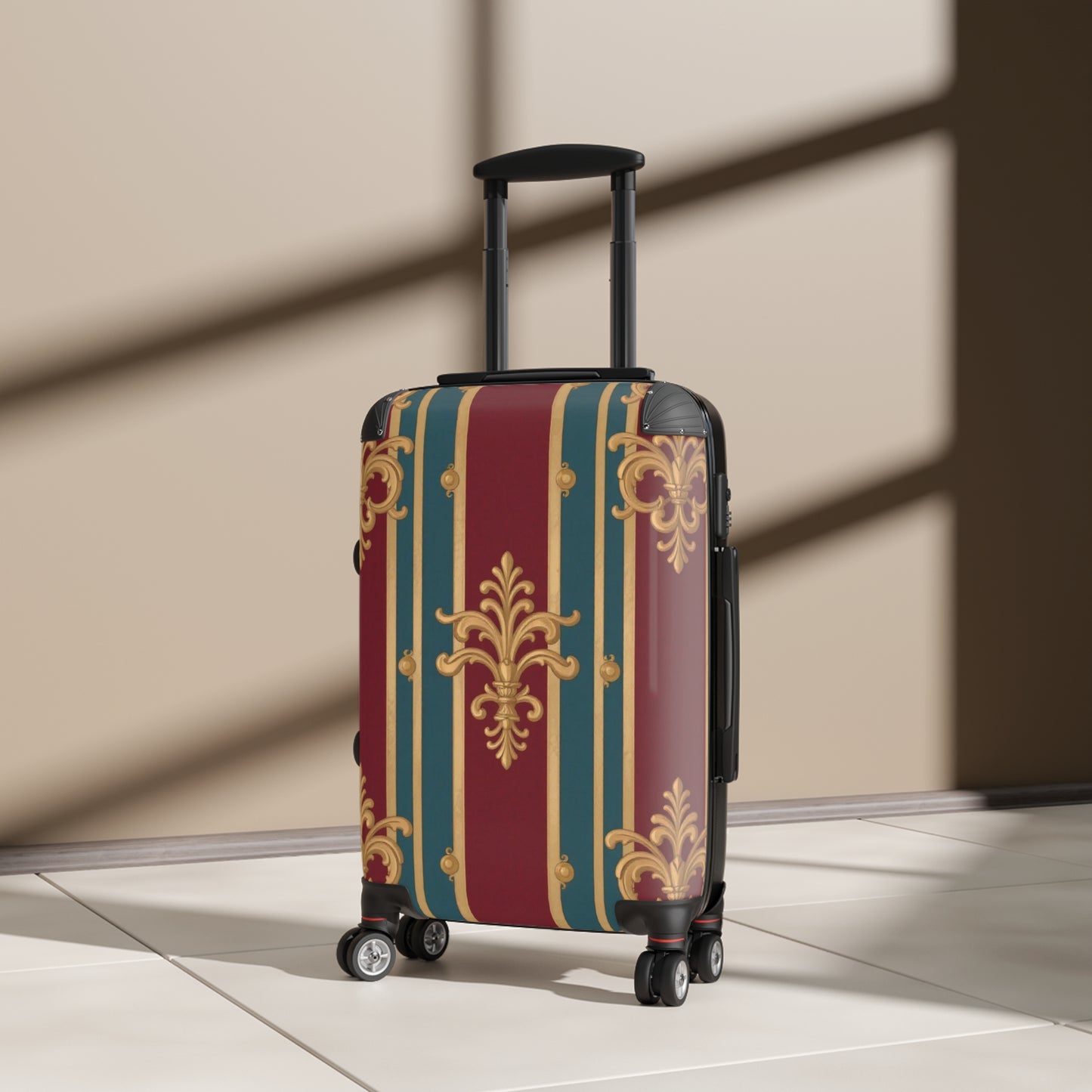 Elegant Travel Suitcase, Vintage Floral Luggage, Stylish Carry-On, Unique Vacation Bag, Perfect Gift for Travelers - Burgundy Striped Gold Baroque
