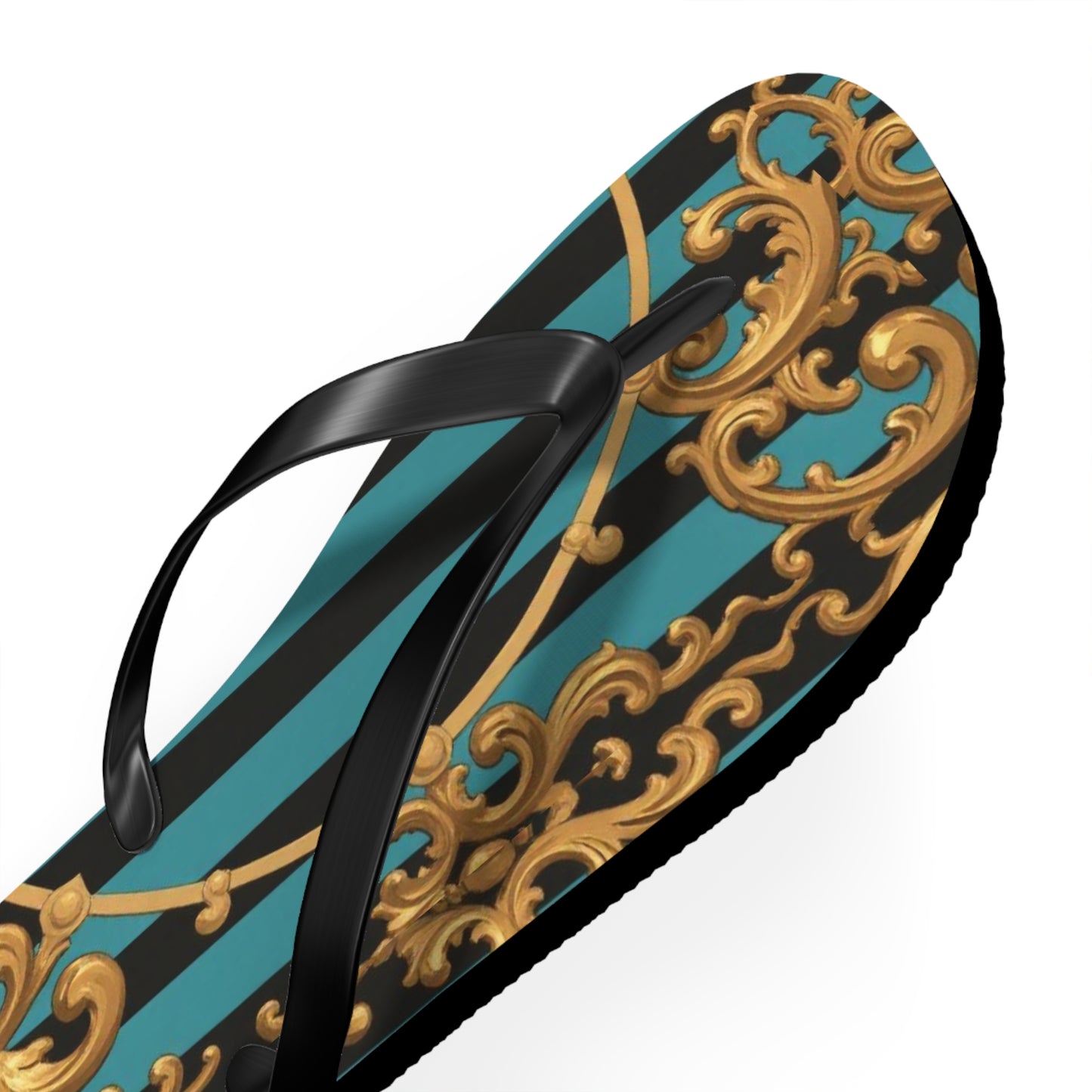 Elegant Turquoise & Black Striped Gold Baroque Patterned Flip Flops for Beach, Summer Vibes, Vacation Essentials, Stylish Footwear