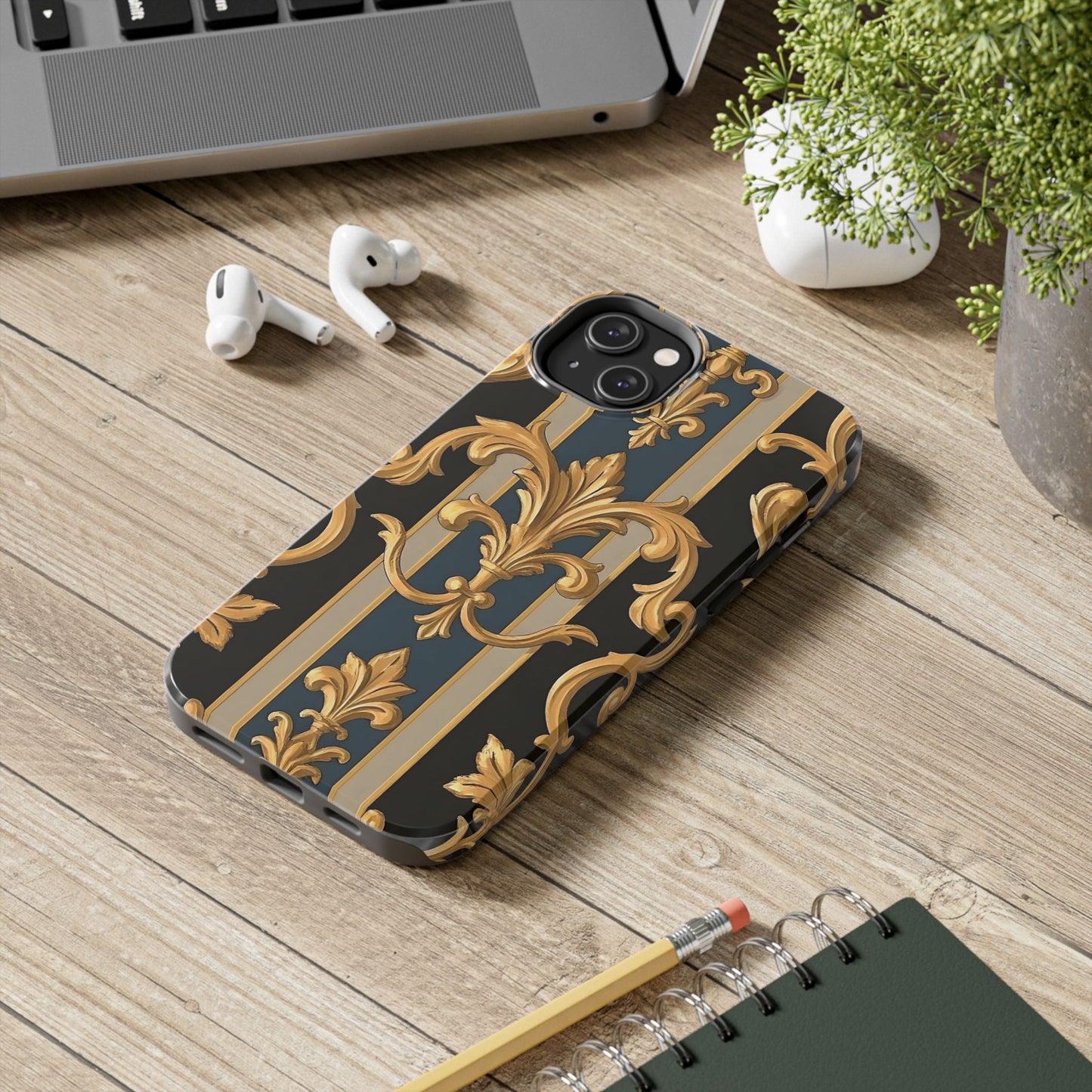 Elegant Rococo Phone Cases, Tough iPhone Case, Floral Design Case, Luxury Phone Cover - Blue & Black Striped Rococo