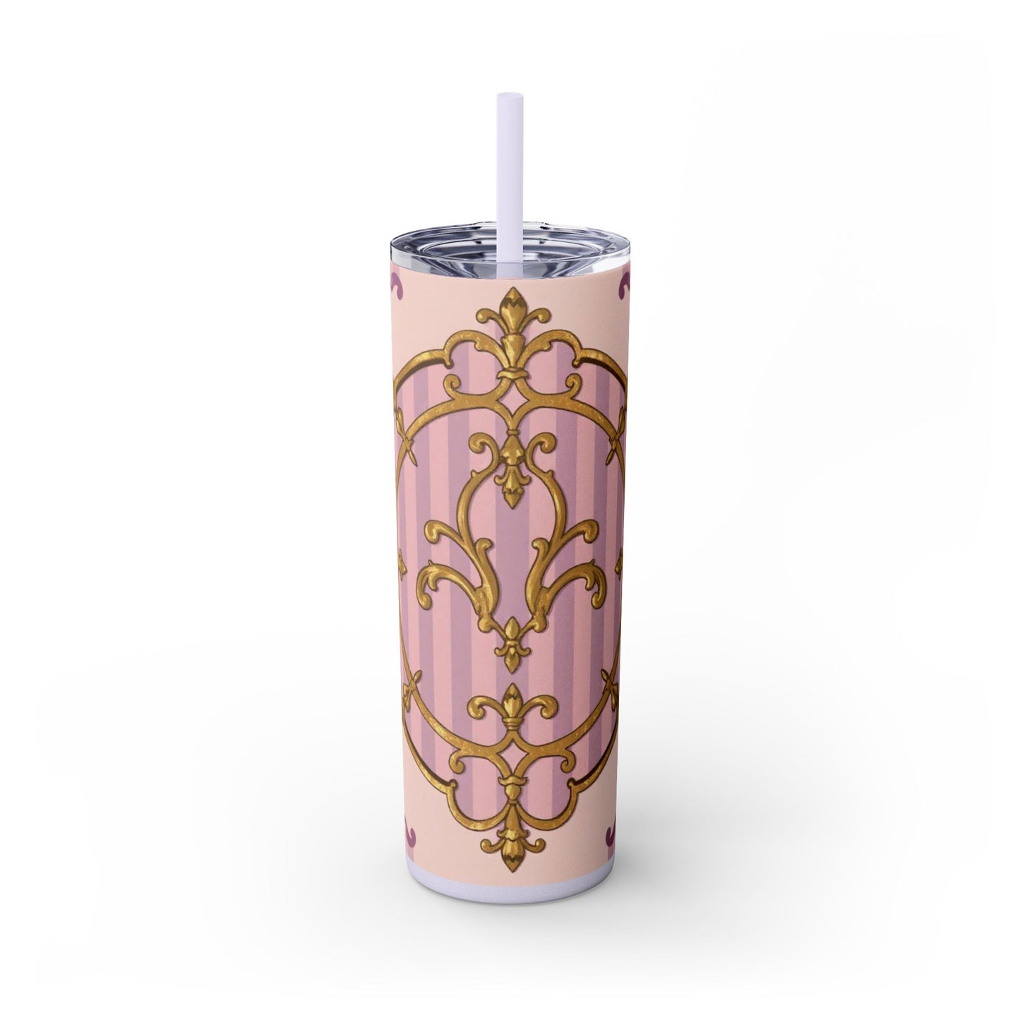 Elegant Lavender & Alabaster Striped Gold Baroque Tumbler - Insulated 20oz Skinny Cup with Straw, Ideal for Gifts, Parties, and Daily Use