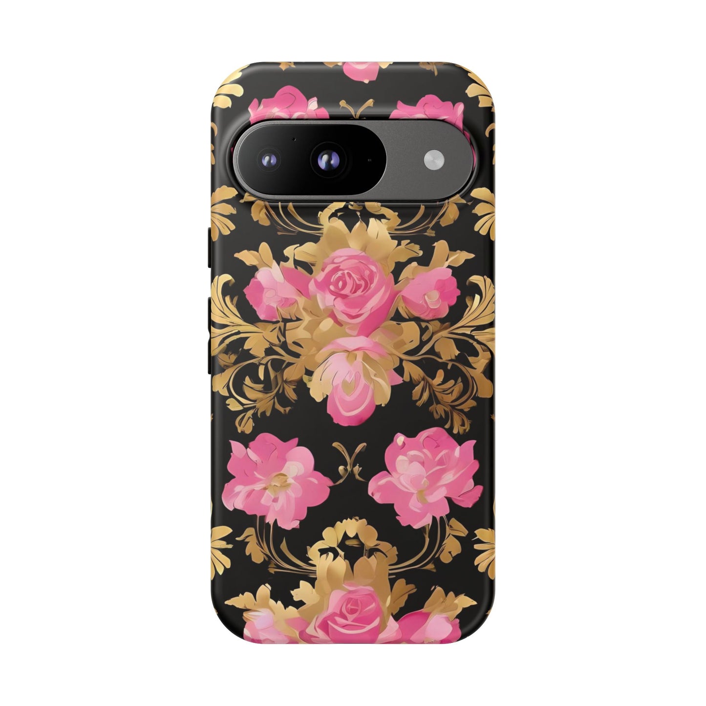 Elegant Floral Motif Phone Case - Tough Cases with Vintage Design - Pink & Gold Roses