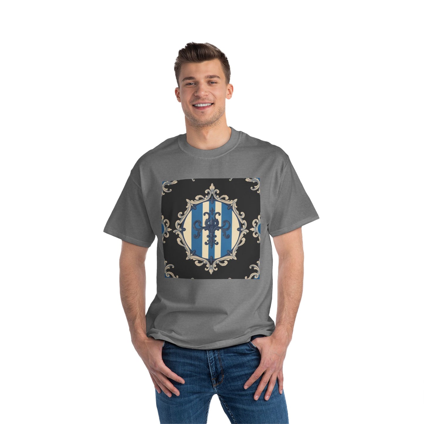 Elegant Blue & Alabaster Striped Baroque Short-Sleeve T-Shirt | Vintage Style, Graphic Tee, Casual Wear, Unisex Gift, Unique Design