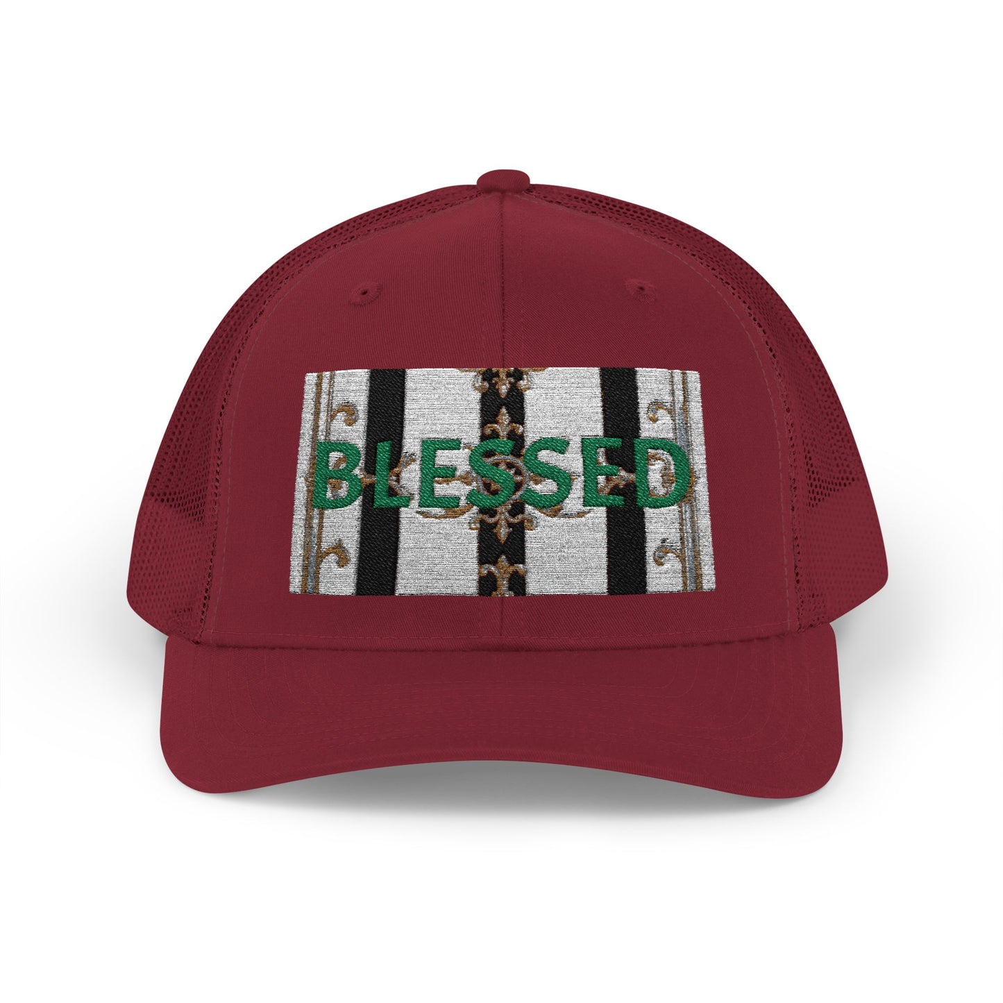 Blessed Snapback Trucker Cap | Casual Style, Outdoor Gear, Faith-Based Gift, Adjustable Hat, Everyday Fashion - Black & White Striped Gold Baroque
