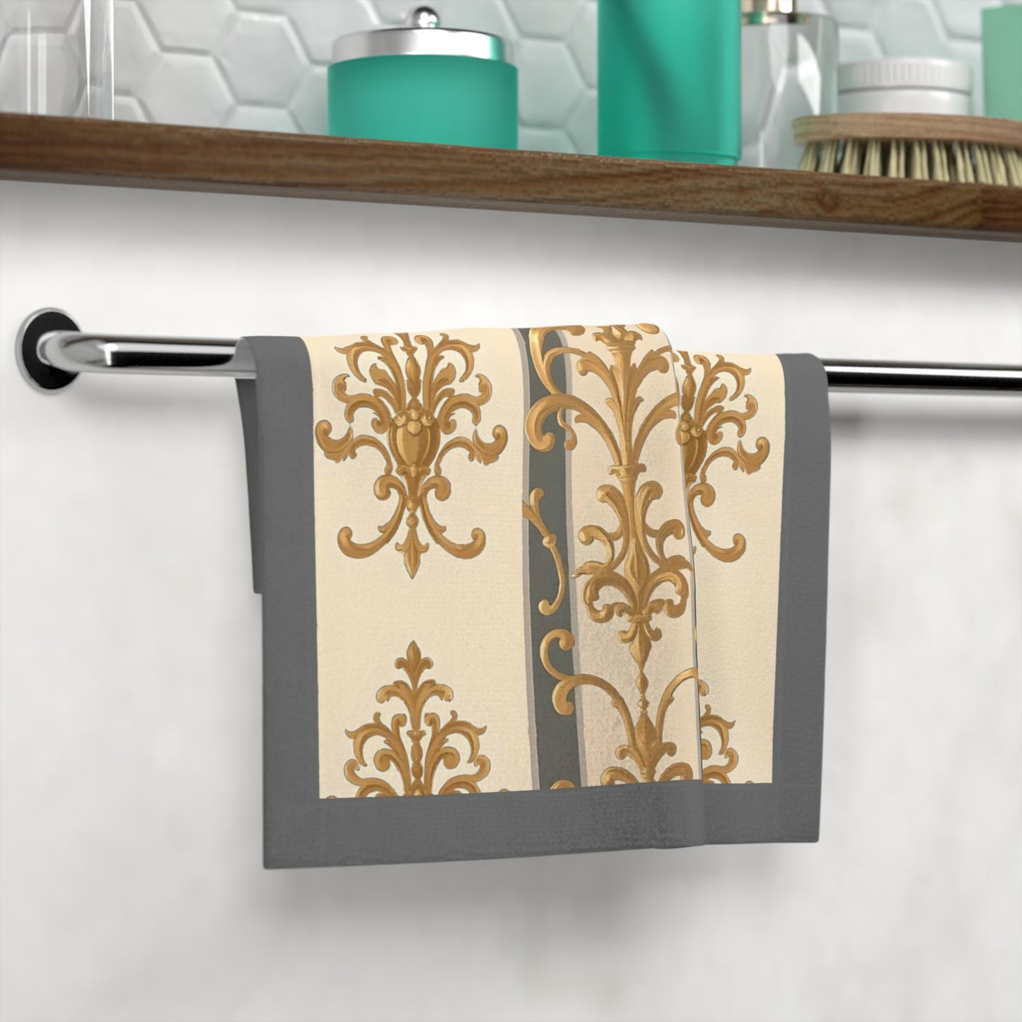 Elegant Vintage Face Towel – Luxurious Gold Pattern for Home & Spa - Dusk Olive Striped Gold Damask