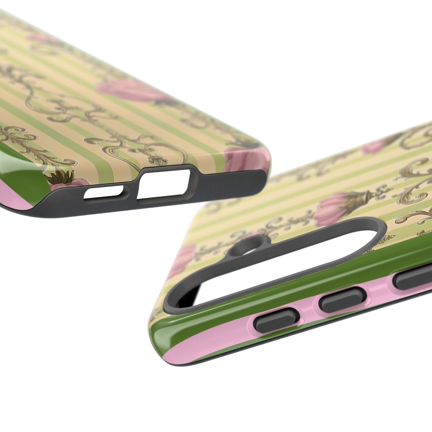Elegant Floral Motif Phone Case - Tough Cases with Vintage Design - Lime Green & Pink Striped Damask