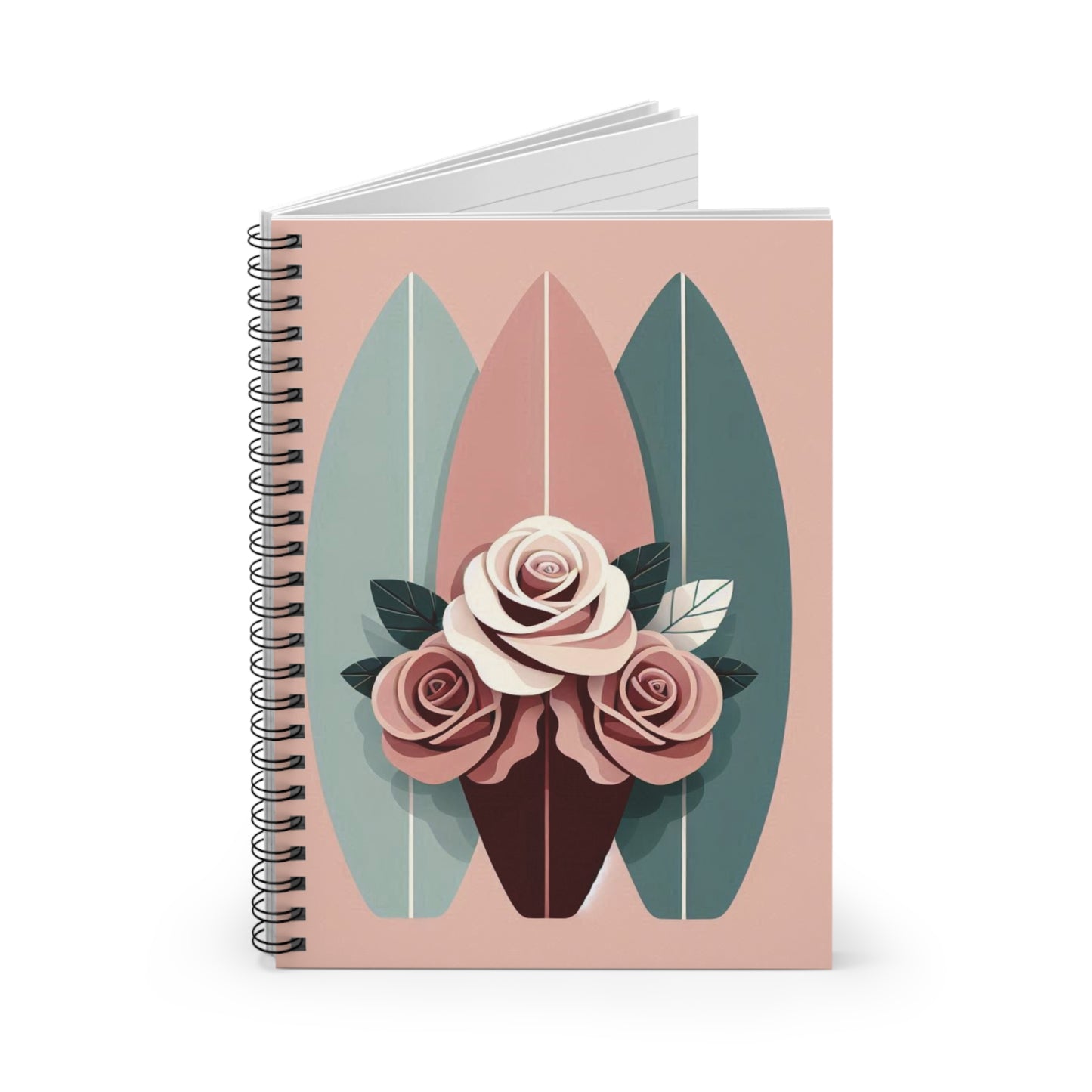 Stylish Surfing Spiral Notebook - Ruled Line with Floral Design - Burgundy, Matte Mauve & Teal Surfboard & Roses