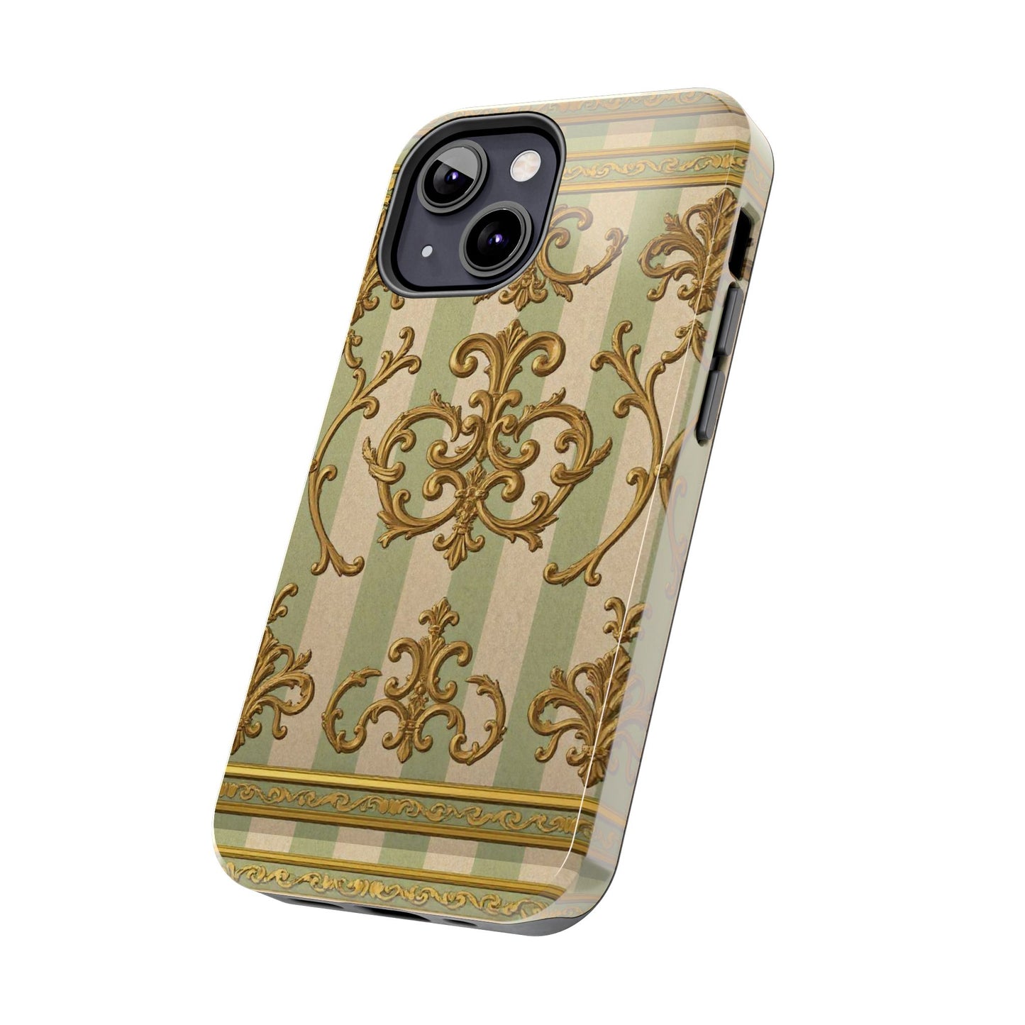 Vintage Elegance Phone Case, Tough Phone Cases for Style, Gift for Birthdays, Stylish Protection - Mint Green & Beige Striped Gold Baroque