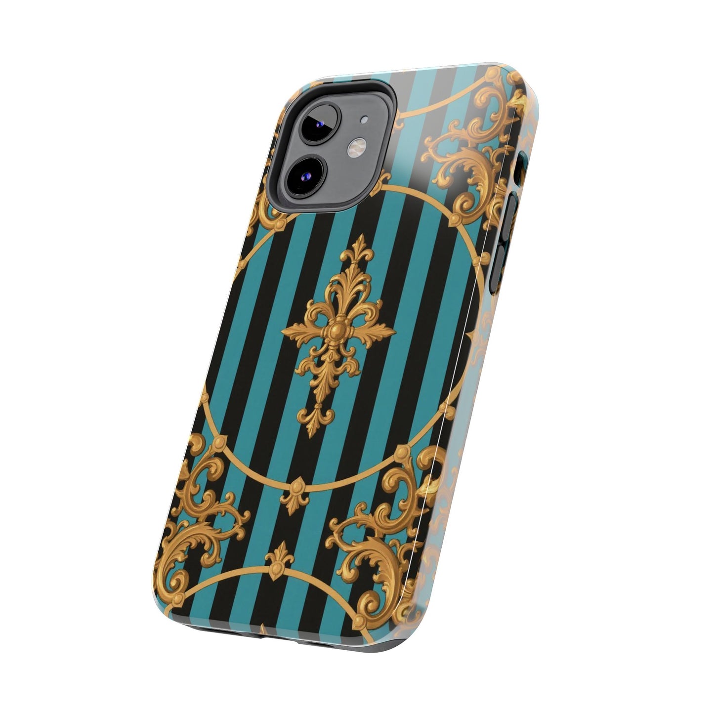 Elegant Turquoise & Black Striped Gold Baroque Phone Case, Tough Phone Cases for Fashion Lovers, Gift for Her, Luxury Accessories