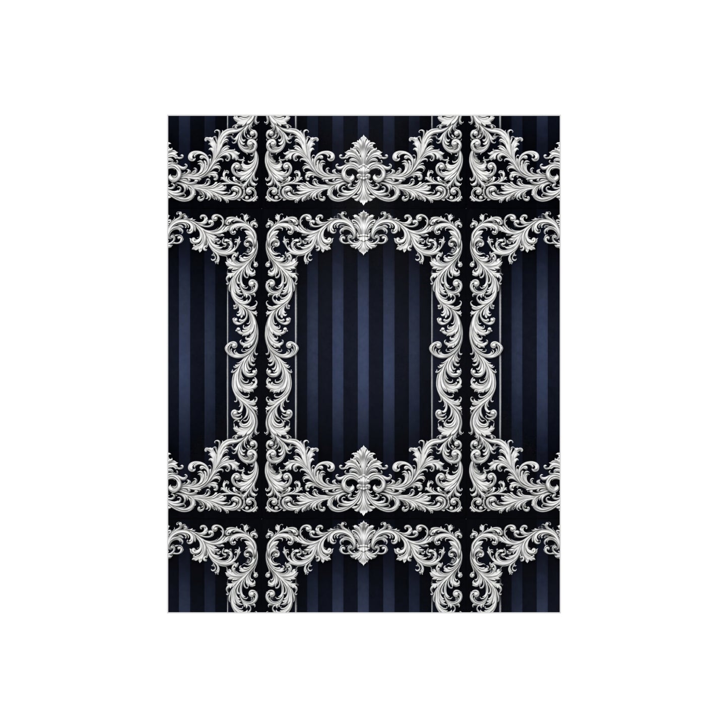 Navy Stripes & Baroque Foam Board Backdrop — Ornate Silver Scroll Panel