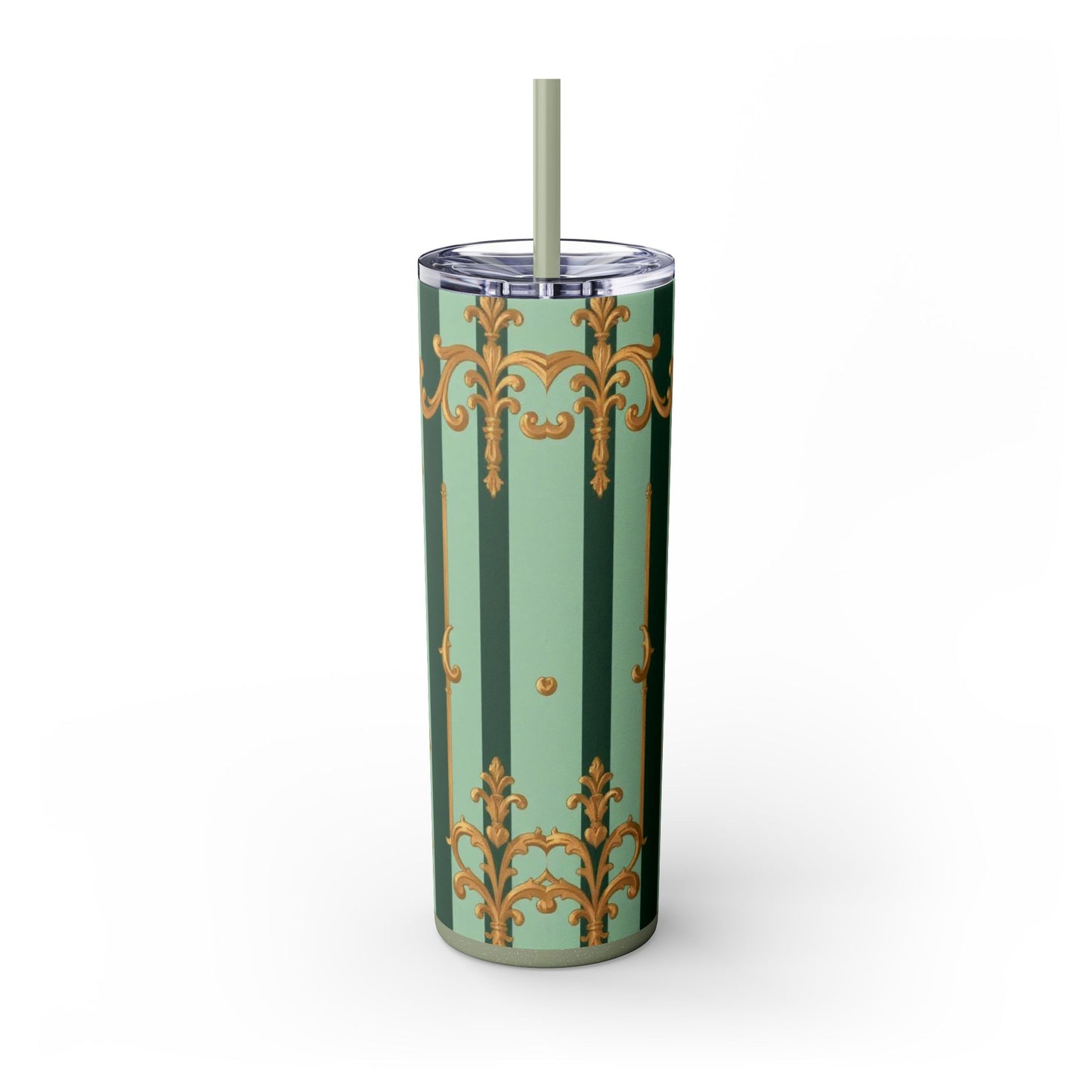Elegant Floral Skinny Tumbler with Straw, 20oz – Stylish Travel Mug, Eco-Friendly Reusable Cup - Mint Green & Teal Striped Gold Baroque