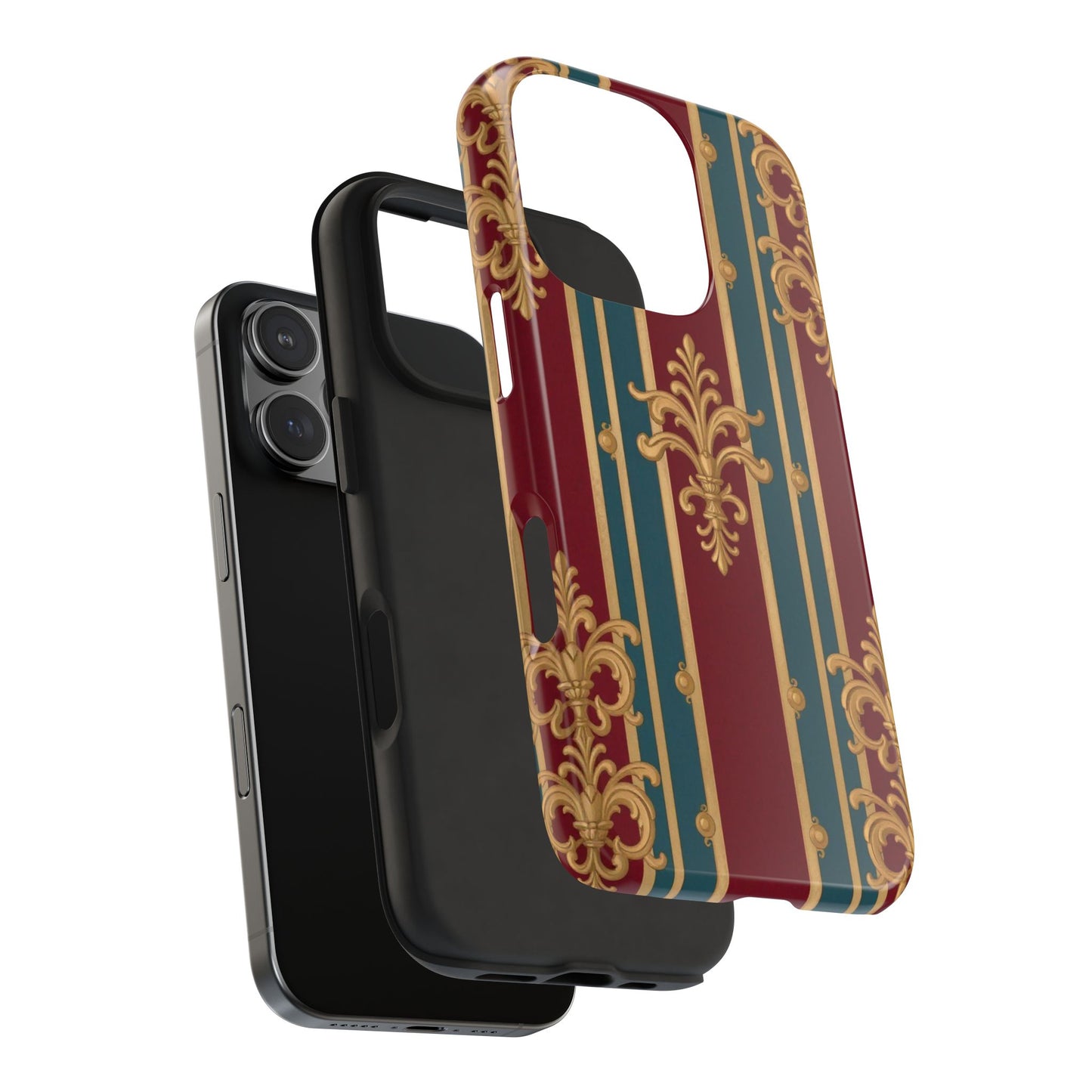 Elegant Vintage Tough Phone Case, Luxury Phone Protection, Stylish Phone Cover, Durable Phone Accessory - Burgundy Striped Gold Baroque