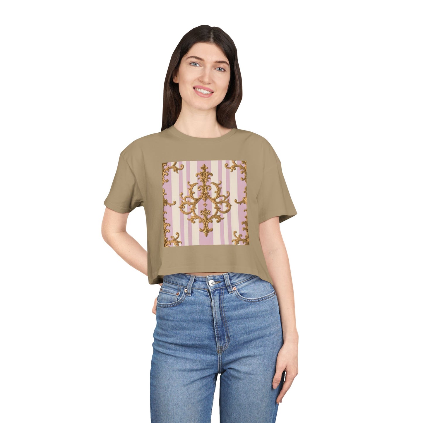 Chic Women's Crop Tee with Elegant Pink and Gold Design, Fashion Tee, Summer Style, Gift for Her - Lilac & Alabaster Striped Gold Baroque