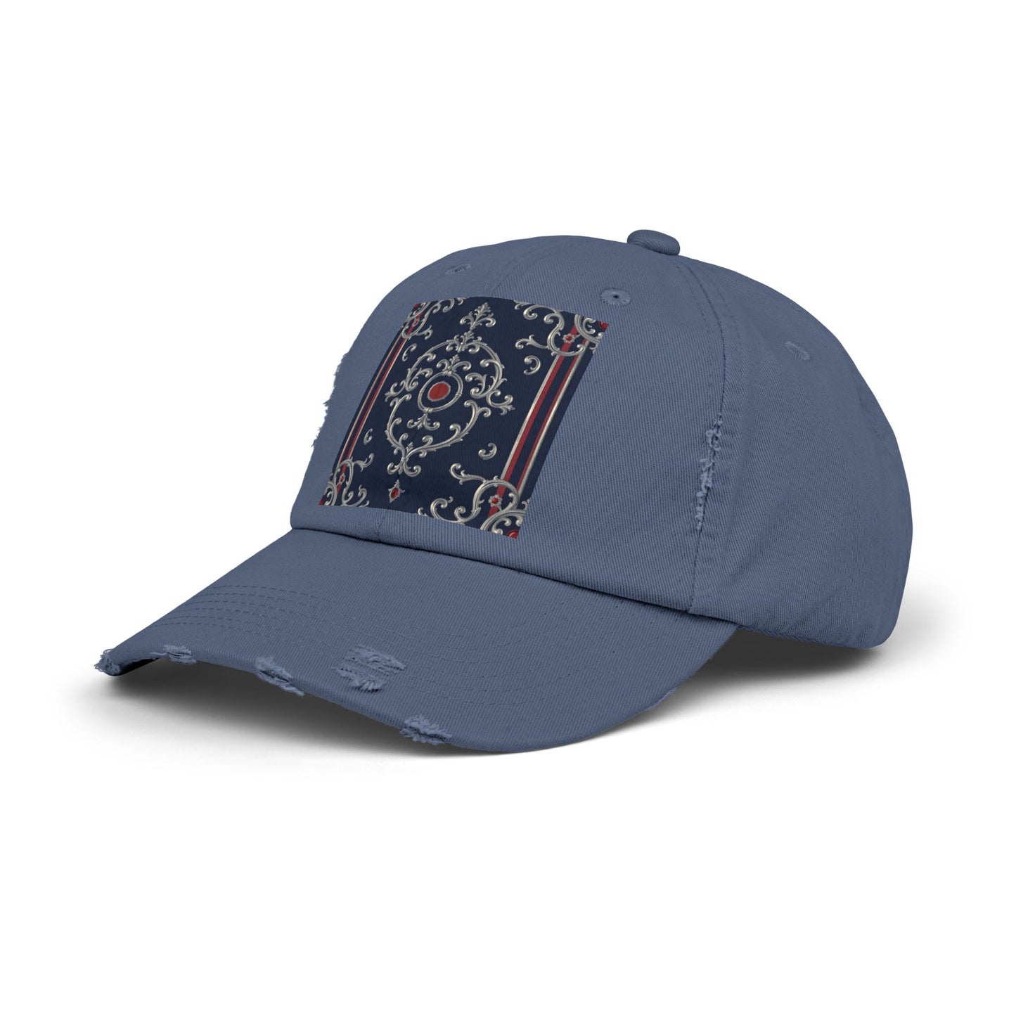 Stylish Unisex Distressed Cap with Ornate Design, Casual Hat for Outdoor Adventures, Beach Days - Blue & Red Silver Baroque