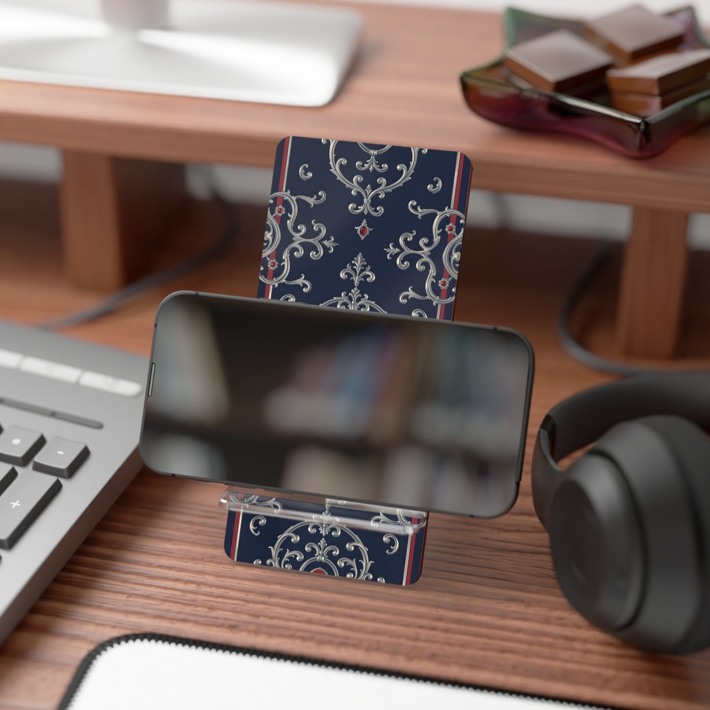 Elegant Smartphone Display Stand | Trendy Desk Organizer, Decorative Phone Holder, Gift for Tech Lovers - Blue & Red Striped Silver Baroque