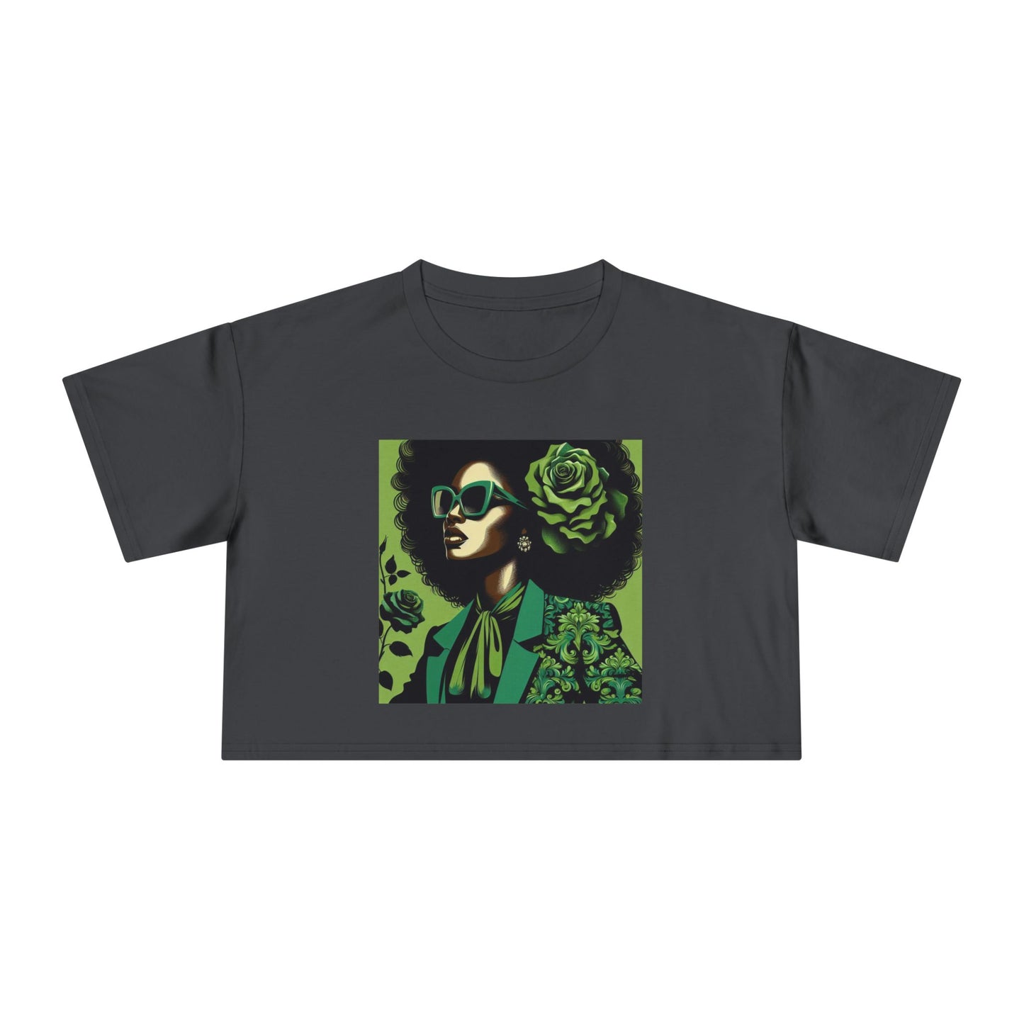 Stylish Women's Crop Tee with Damask Design | Trendy Summer Top, Afro Crop Shirt, Casual Wear, Gift for Her - Lady in Green Damask