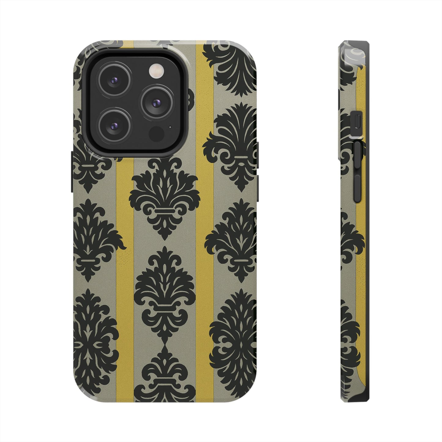 Elegant Baroque Tough Phone Cases | Chic Phone Protection | Gift for Her | Stylish Accessory | Holiday Gift Idea | Silver & Gold Striped Black Baroque