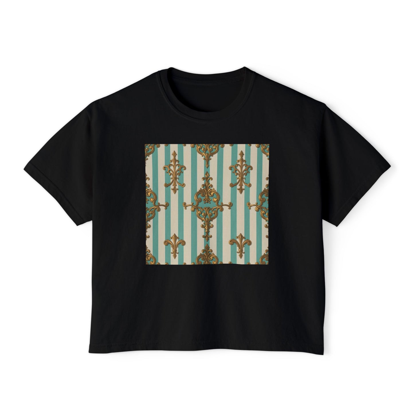 Chic Floral Women's Boxy Tee, Casual Summer Top, Trendy Graphic Shirt, Perfect Gift for Her - Matte Green Striped Rococo