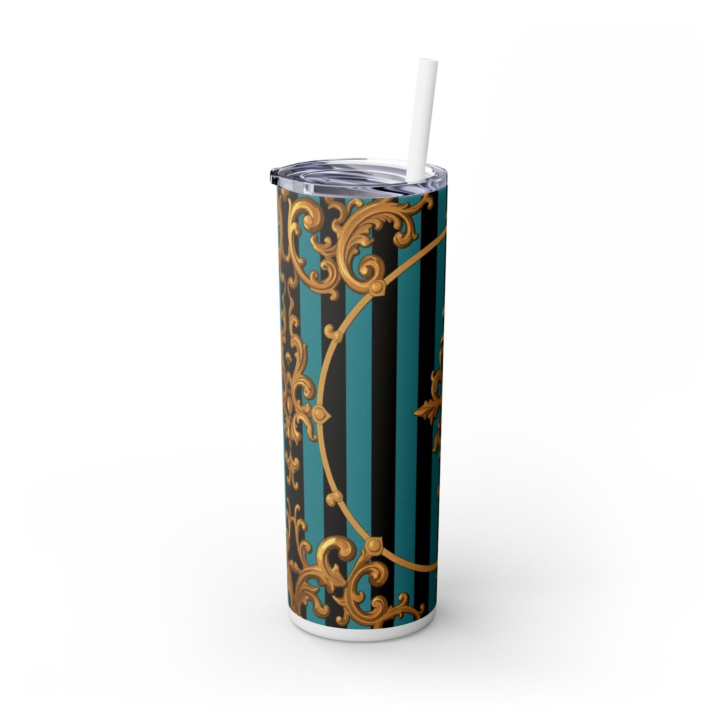 Elegant Turquoise & Black Striped Gold Baroque Skinny Tumbler with Straw, 20oz, Stylish Travel Mug, Party Favor, Birthday Gift, Drinkware