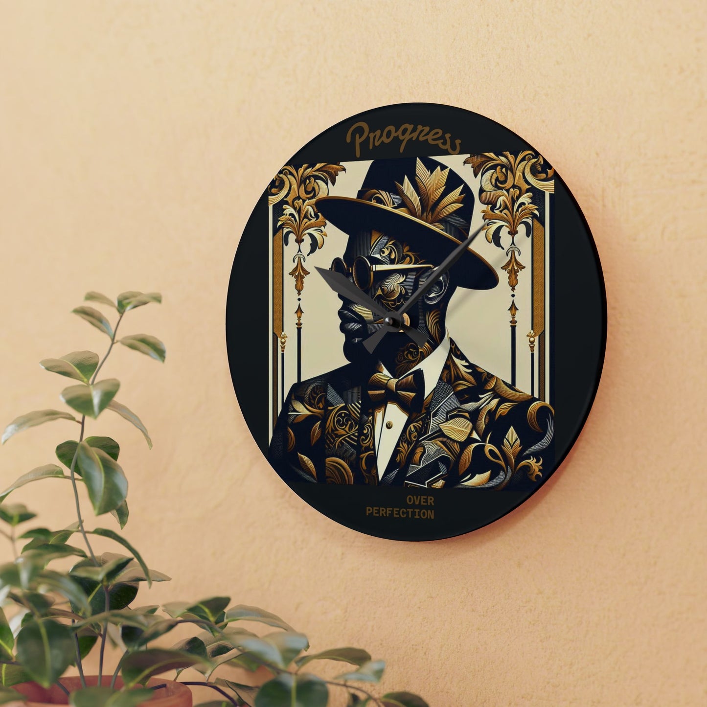 Elegant Acrylic Wall Clock with Inspirational Quote | Modern Home Decor | Unique Gift for Housewarming - Progress Over Perfection - Suited Man