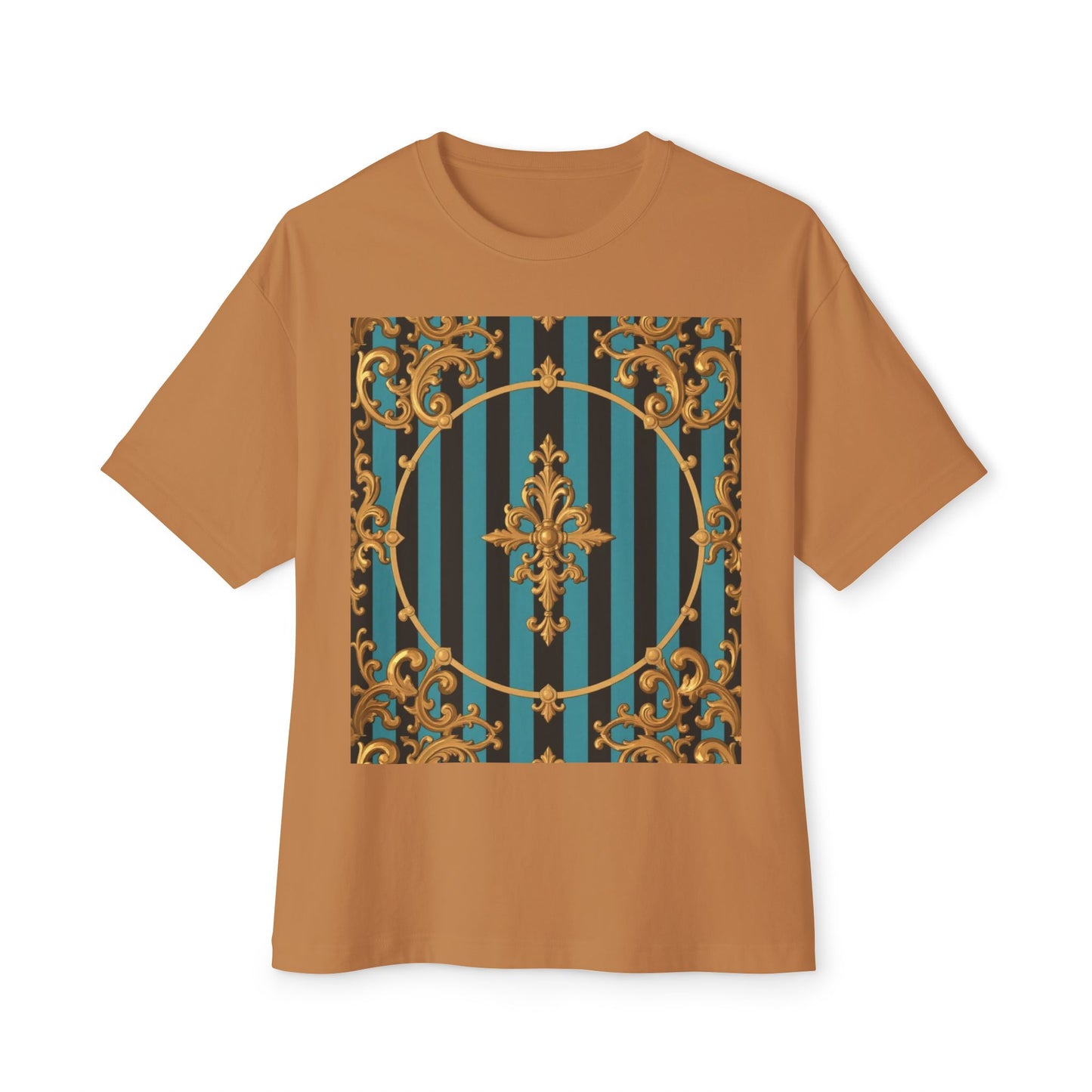 Stylish Turquoise & Black Striped Gold Baroque Unisex Oversized Boxy Tee, Retro Graphic Shirt, Casual Wear, Trendy Fashion, Unique Gift Idea