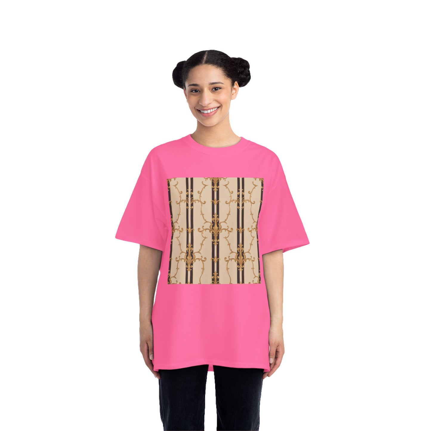 Stylish Graphic Tee for Casual Wear, Fashionable Short-Sleeve Shirt, Unique Summer Top - Black & Beige Striped Damask