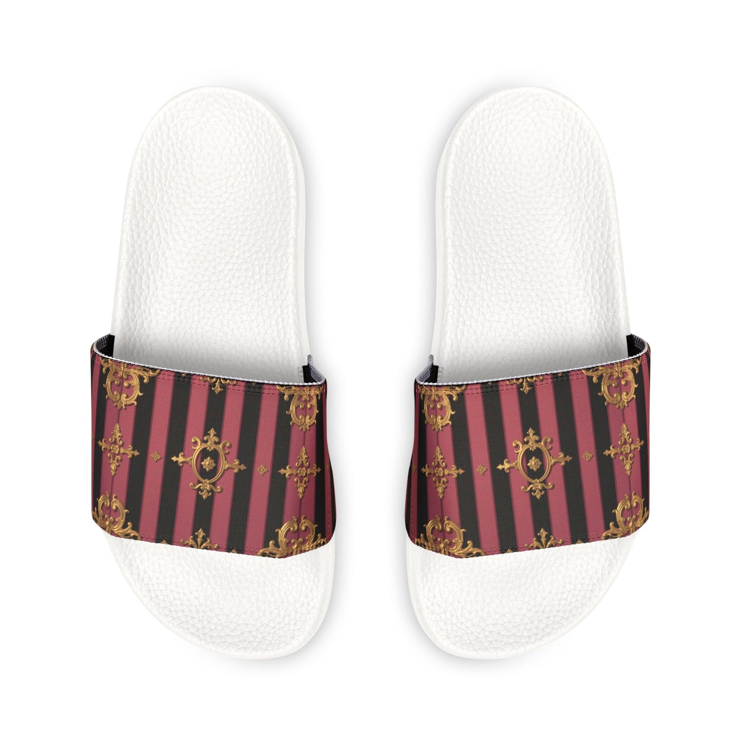 Chic Black & Mauve Striped Gold Baroque Women's Removable-Strap Sandals, Comfortable Summer Footwear