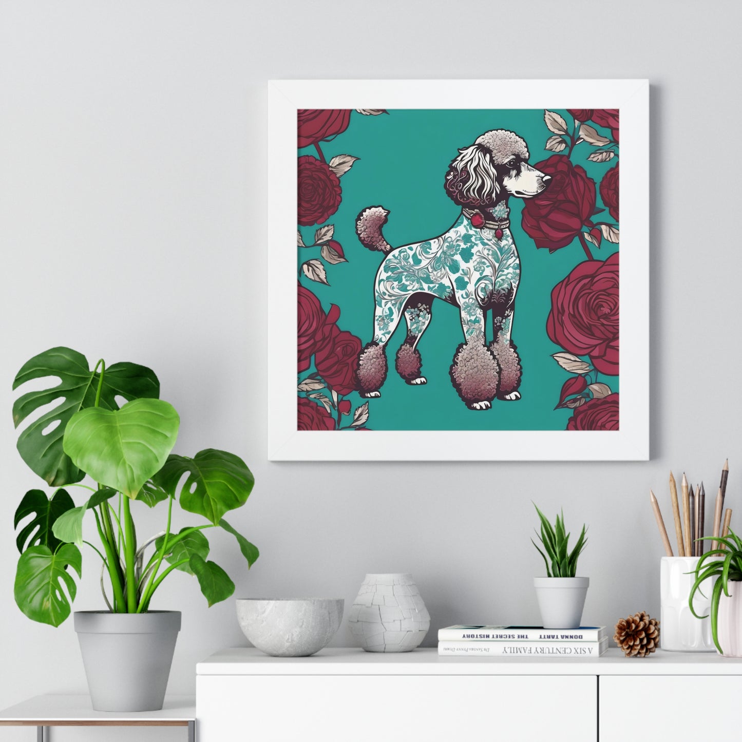 Vertical Poster - Stylish Framed - Art for Home Decor - Damask Aqua & White Poodle With Burgundy Roses