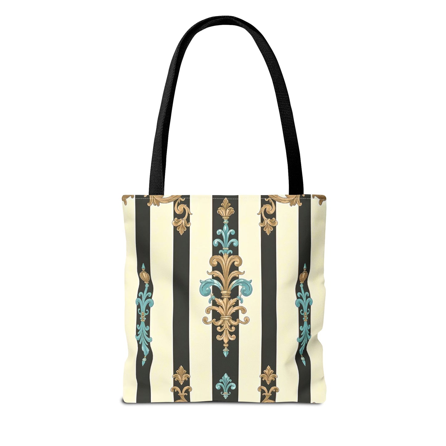 Elegant Stripe Pattern Tote Bag | Fashionable Reusable Shopping Tote, Eco-Friendly Gift Bag - Black Striped Turquoise & Black Rococo