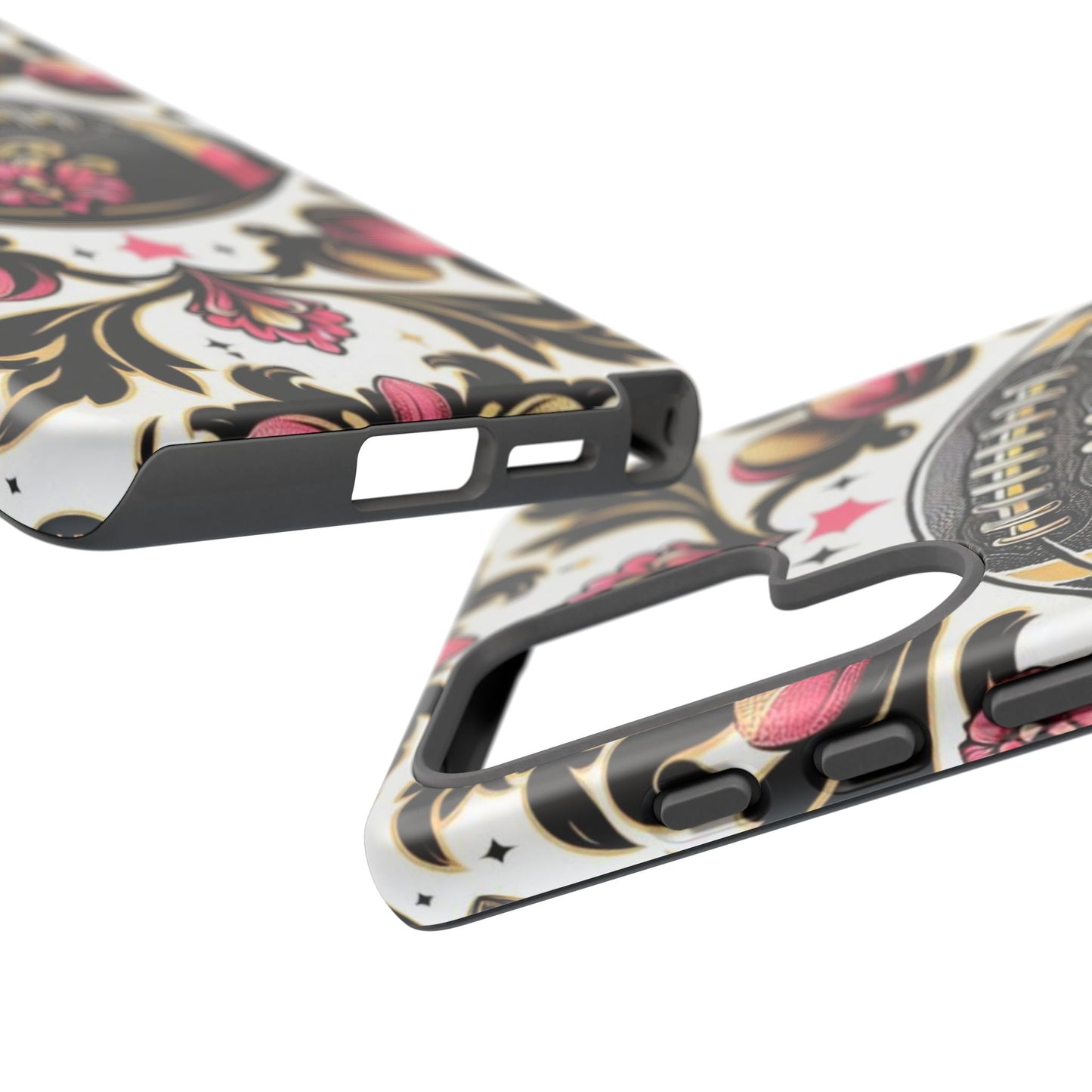 Elegant Floral Motif Phone Case - Tough Cases with Vintage Design - Damask White, Pink Gold & Black Football