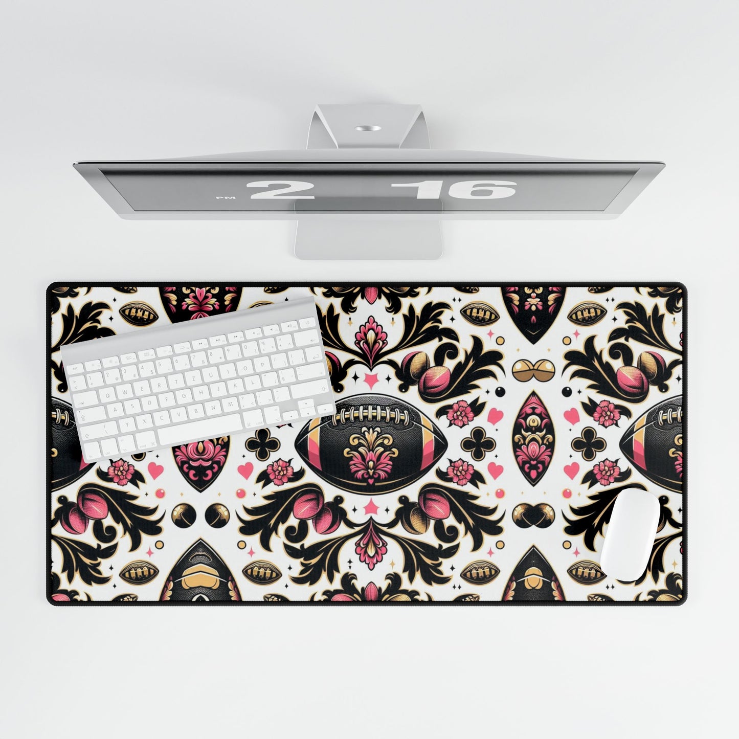 Desk Mat - Elegant Floral Motif for Home Office Decor - Pink, White, Gold & Black Damask Footballs