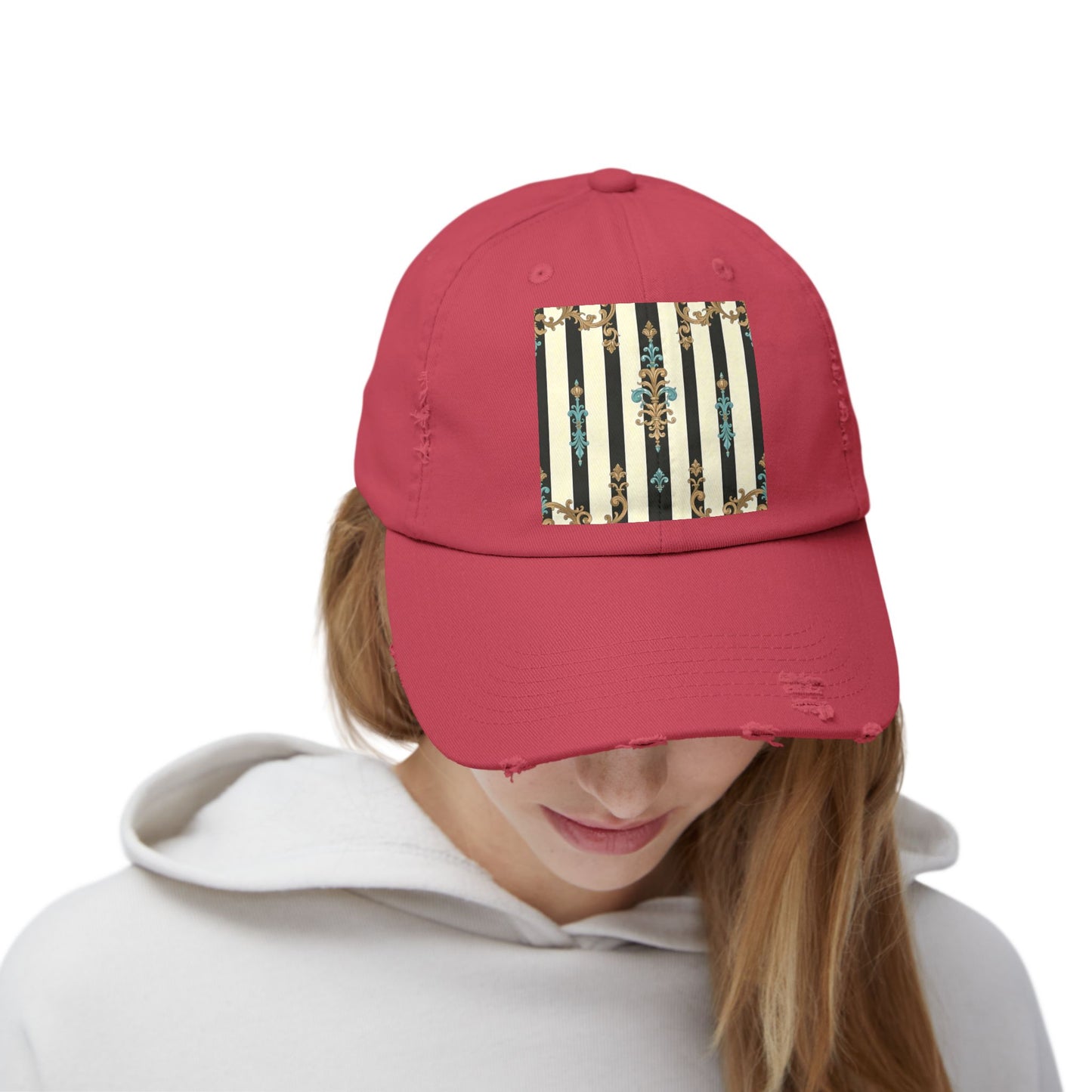 Trendy Distressed Cap for Fashion Lovers, Casual Cap, Gift for Him, Gift for Her - Black Striped Turquoise & Black Rococo