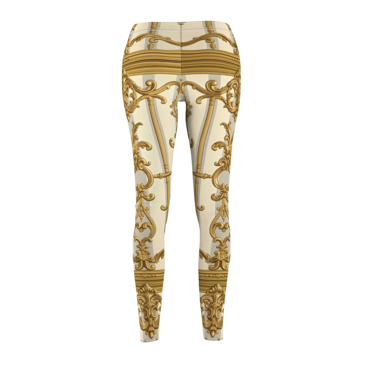 Elegant Gold Pattern Women's Leggings, Chic Fashion Trousers, Casual Wear, Athleisure Pants - Matte Gray & Cream Striped Gold Baroque