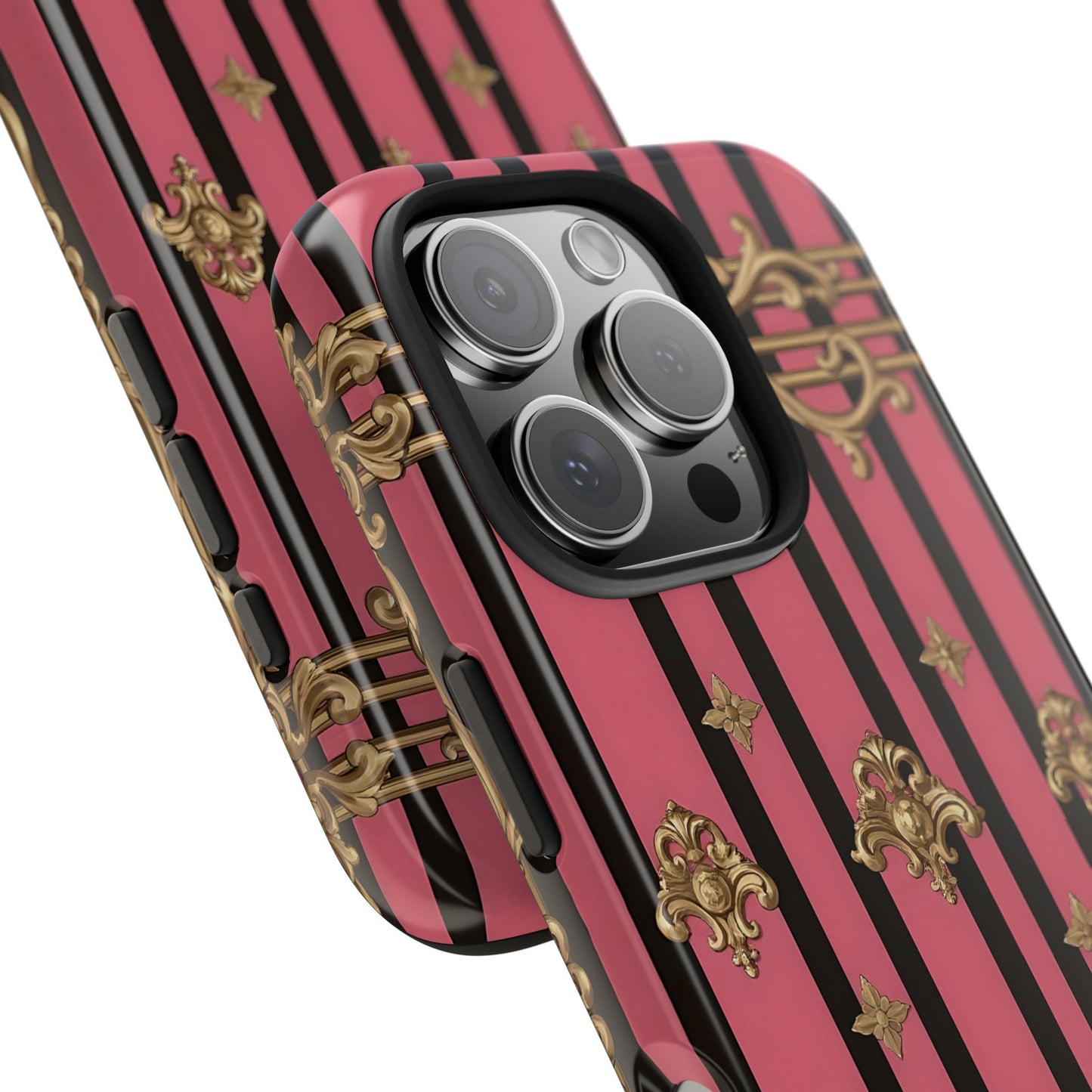 Elegant Floral Phone Cases, Stylish Protective Case for Trendy Individuals, Unique Gift for Tech Lovers, Phone Accessories - Pink Striped Gold Rococo