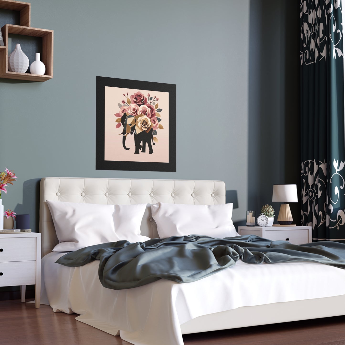 Elegant Floral Silk Poster - Indoor/Outdoor Wall Art for Home Decor - Black & Gold Elephant & Roses