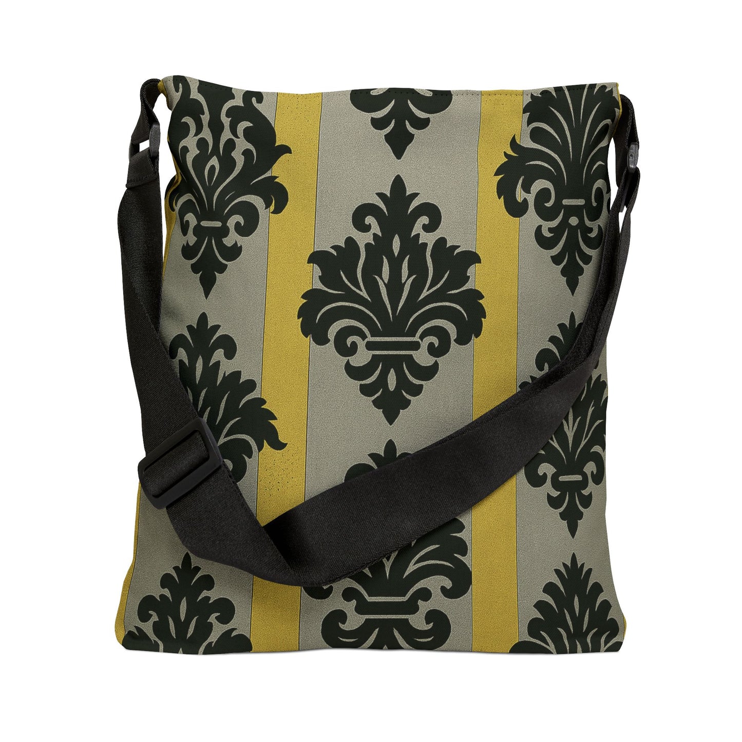 Elegant Vintage Baroque Adjustable Tote Bag | Perfect for Everyday Use, Gift Ideas, Fashion Accessory - Silver & Gold Striped Black Baroque