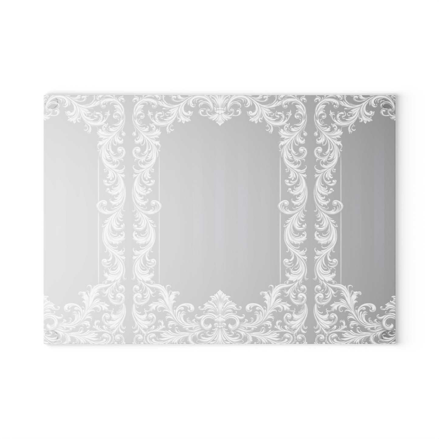 Navy Stripes & Baroque Glass Cutting Board — Elegant Vintage Baroque Scroll Design (Blue or Silver)