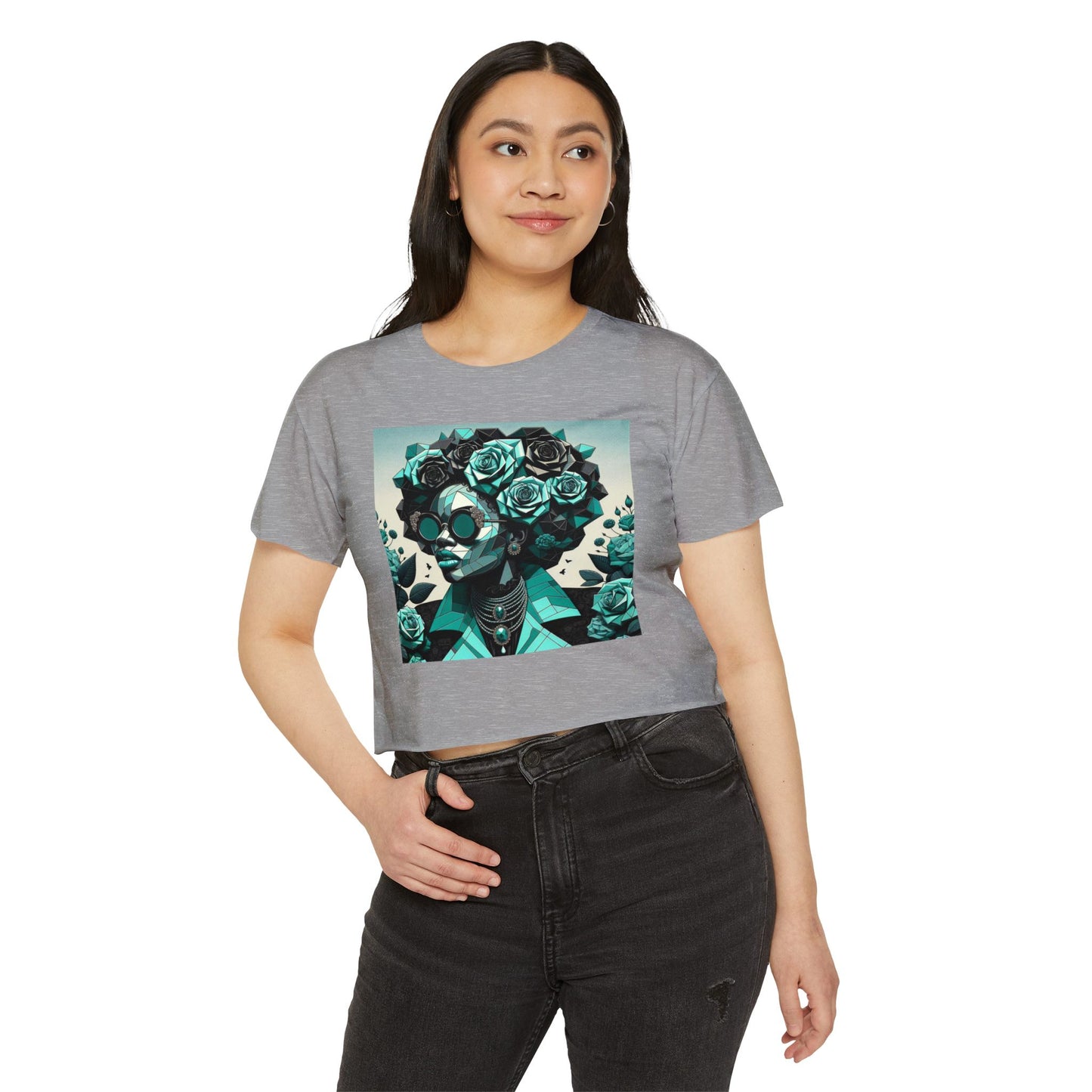 Women's Festival Crop Top with Artistic Floral Design, Boho Clothing, Trendy Summer Style, Perfect for Music Festivals - Turquoise & Black Roses Lady