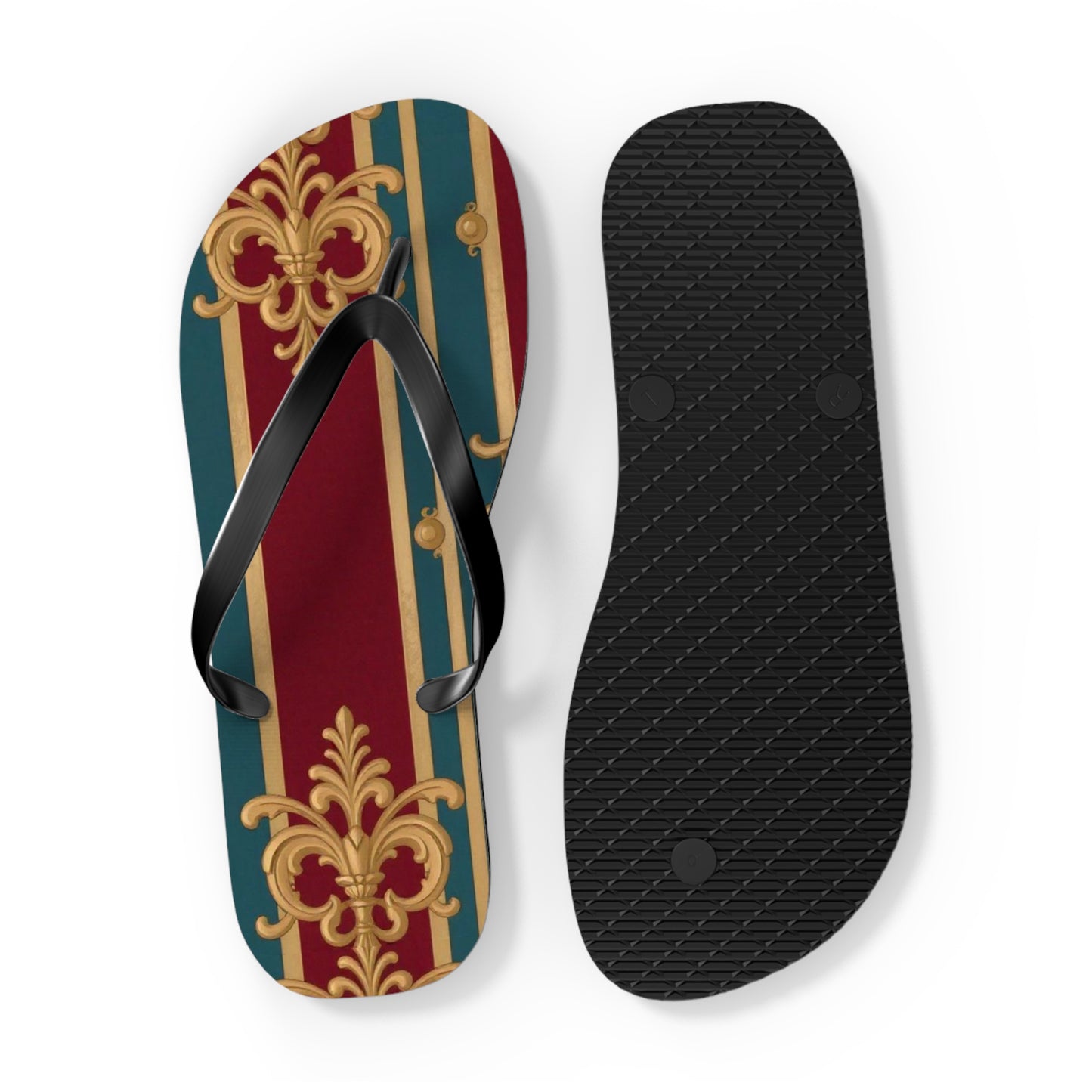 Elegant Floral Pattern Flip Flops, Stylish Beach Footwear, Summer Accessories, Vacation Sandals - Burgundy Striped Gold Baroque