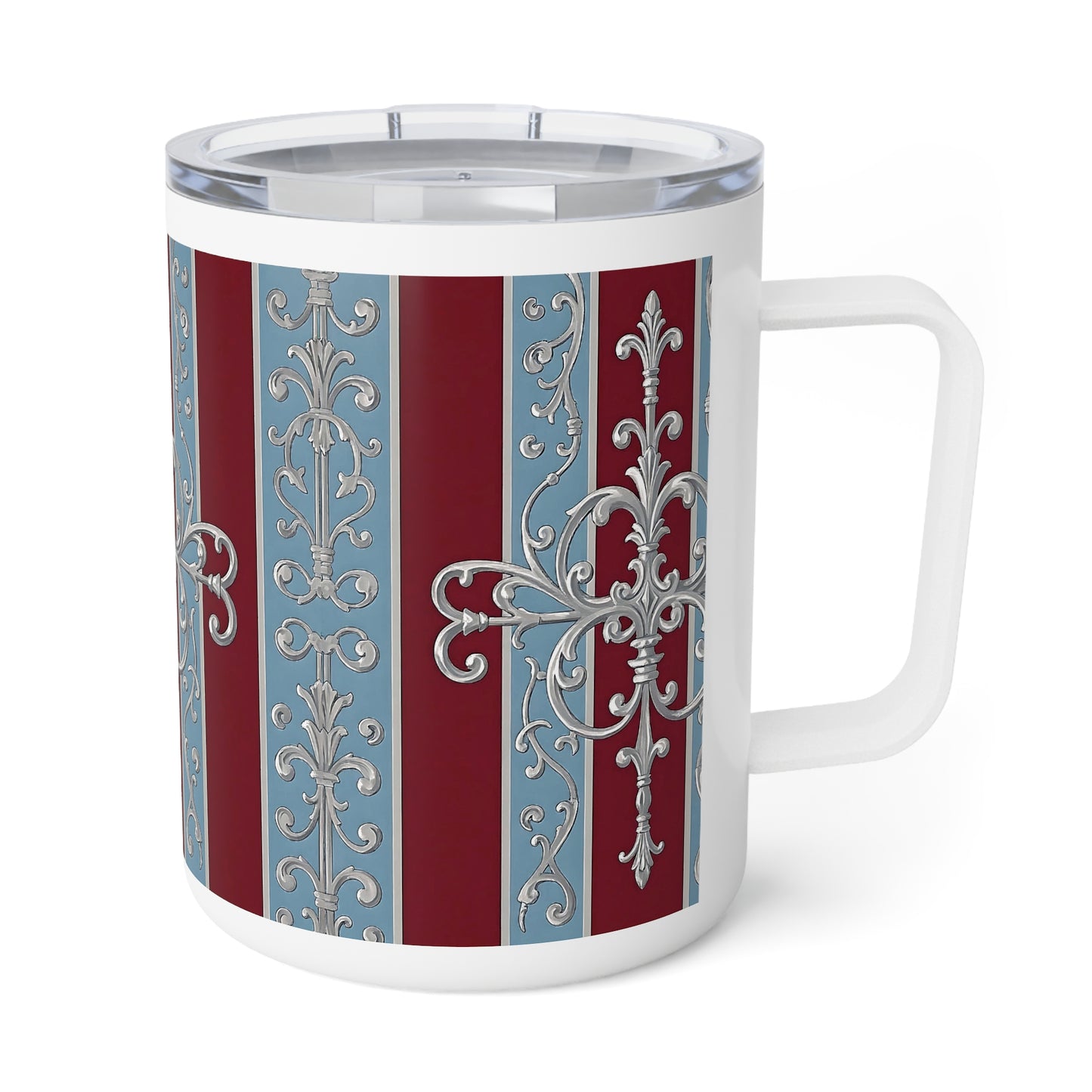 Elegant Insulated Coffee Mug - 10oz Decorative Travel Cup - Ice Blue & Burgundy Striped Baroque