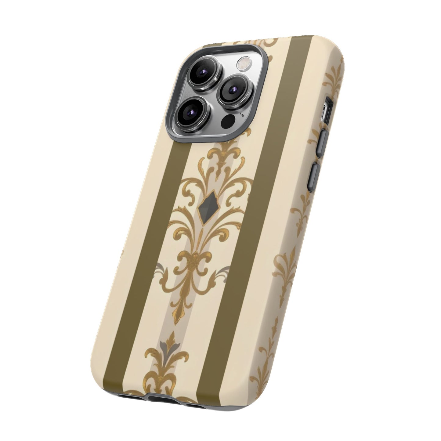 Elegant Floral Motif Phone Case - Tough Cases with Vintage Design - Olive Striped Gold Damask