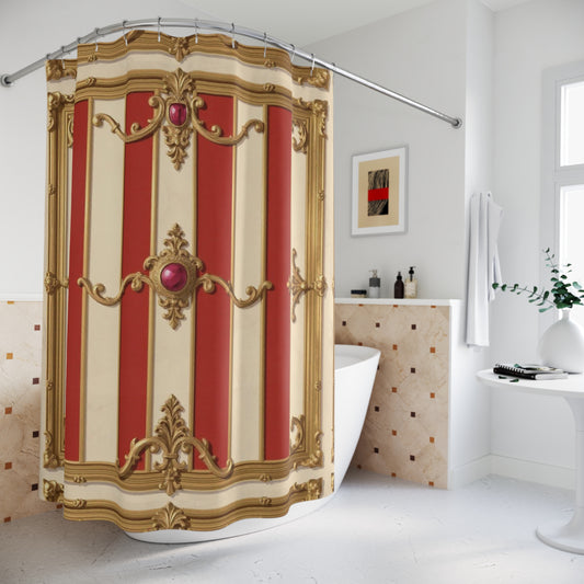 Elegant Vintage-Inspired Shower Curtain - Alabaster & Dusk Orange Striped Baroque