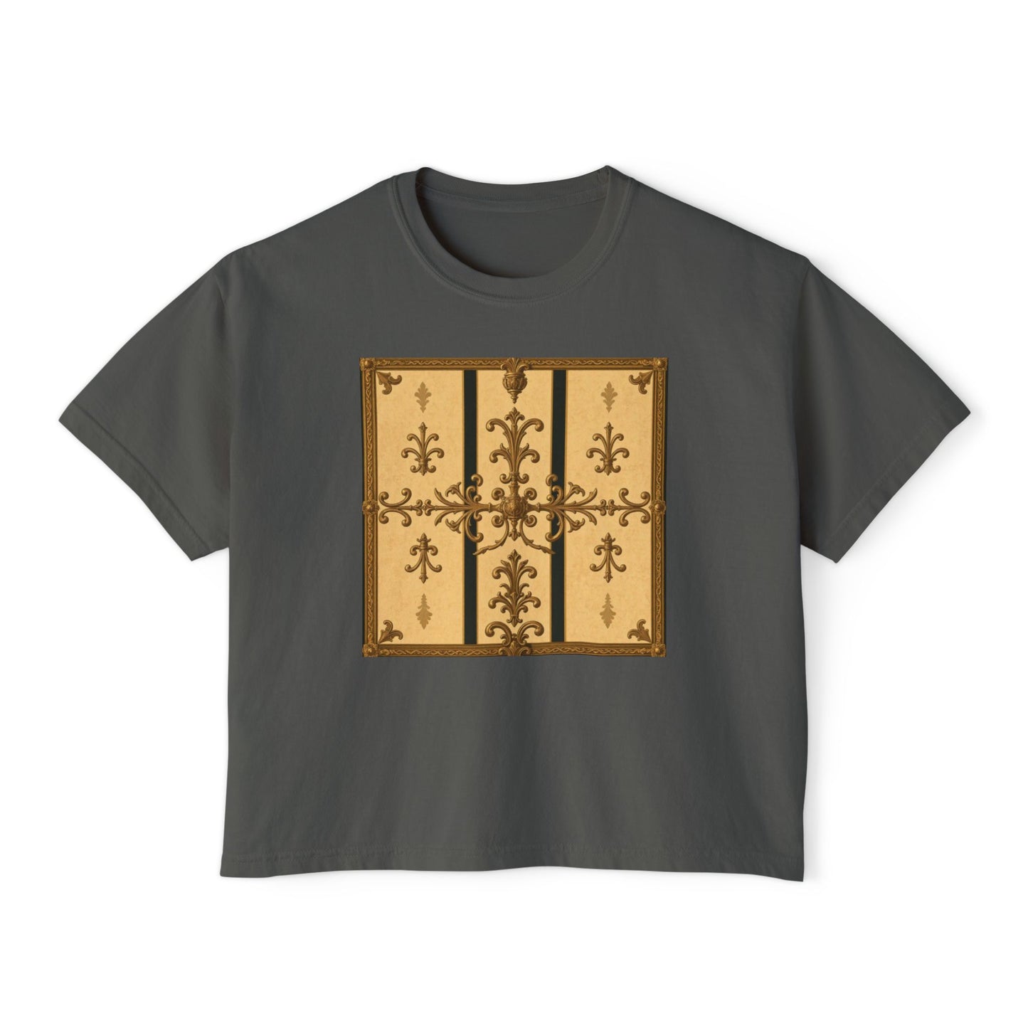 Chic Vintage Women's Boxy Tee, Casual Top, Retro Fashion T-Shirt, Gift for Her, Stylish Graphic Tee - Matte Yellow Striped Antique Rococo