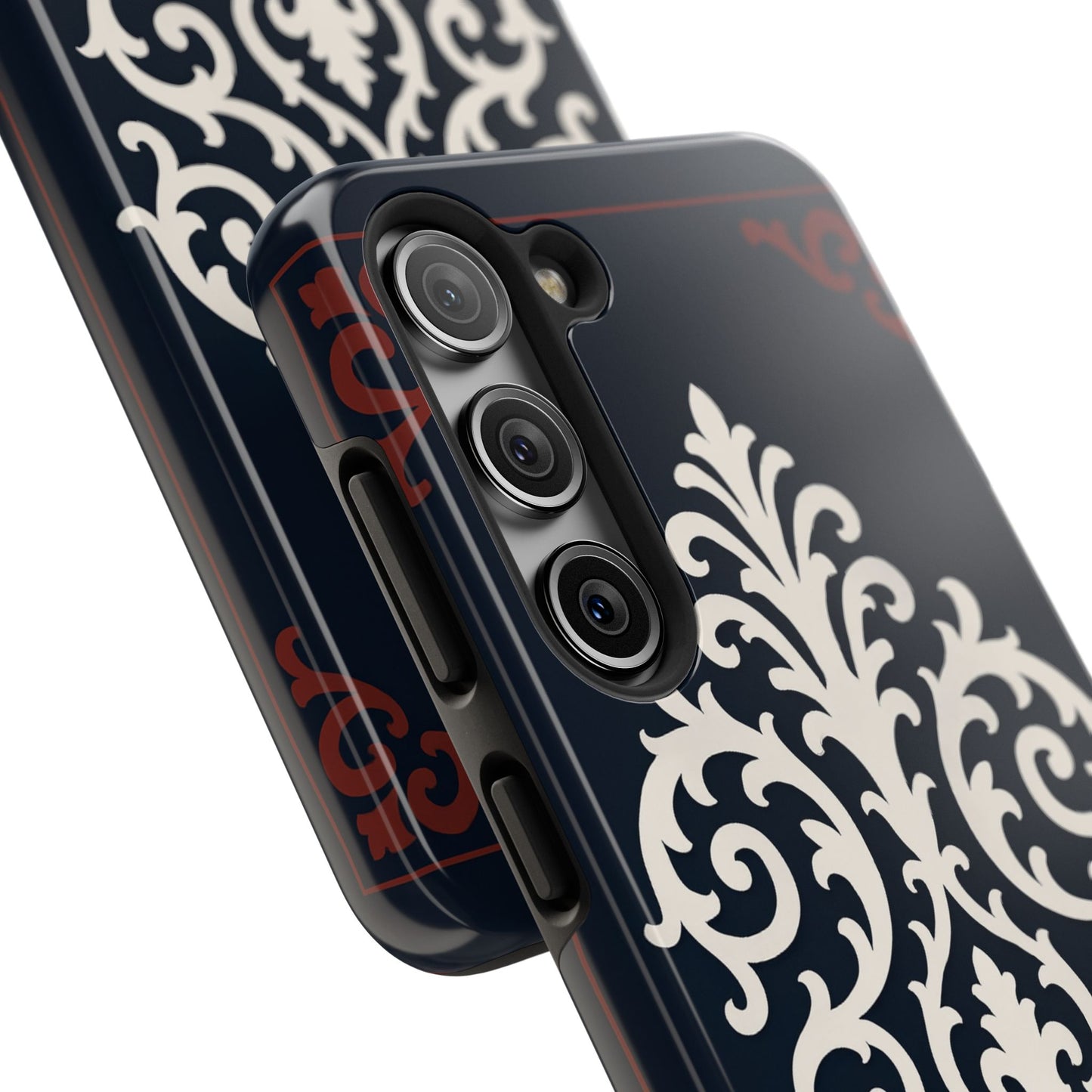 Dusk Blue-Maroon & White Baroque Tough Phone Case — Vintage Scroll Design