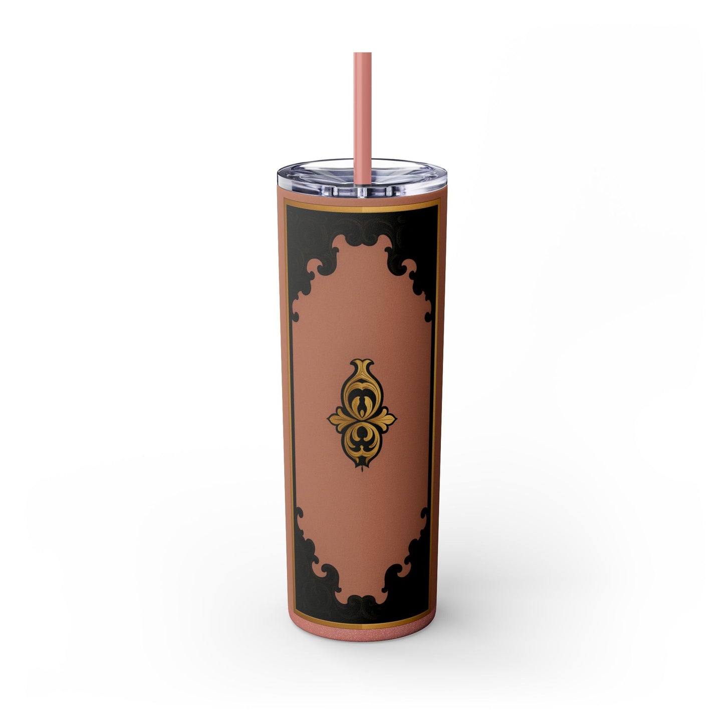 20oz Skinny Tumbler with Straw — Vintage Mauve & Black-Gold Baroque Design