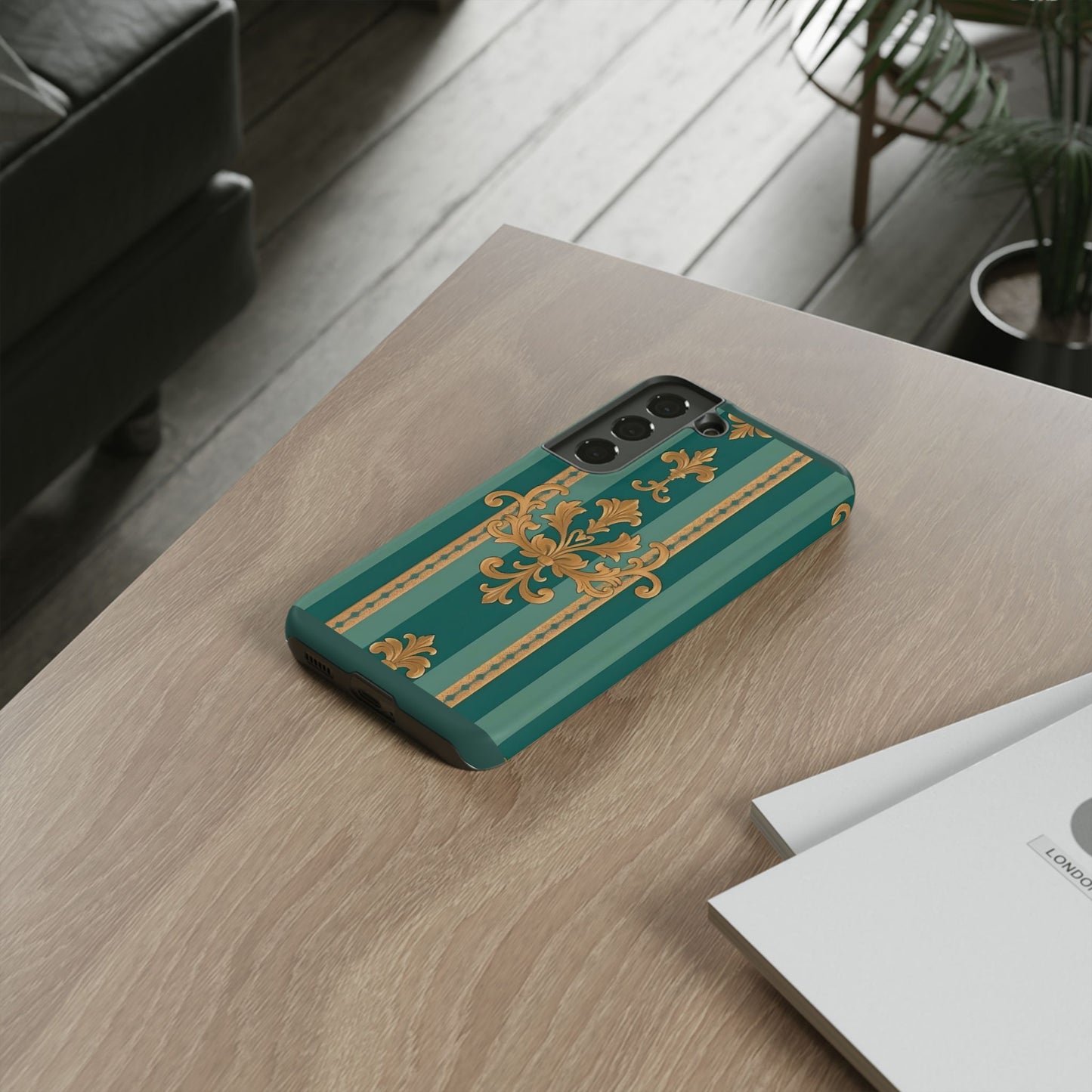 Elegant Floral Motif Phone Case - Tough Cases with Vintage Design - Teal Striped Gold Damask