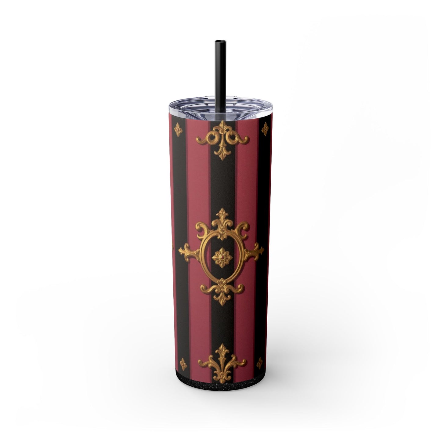 Elegant Black & Mauve Striped Gold Baroque Striped Skinny Tumbler with Straw, 20oz | Vintage Gold Accent Drinkware, Wedding Gift, Party Favor, Travel Mug