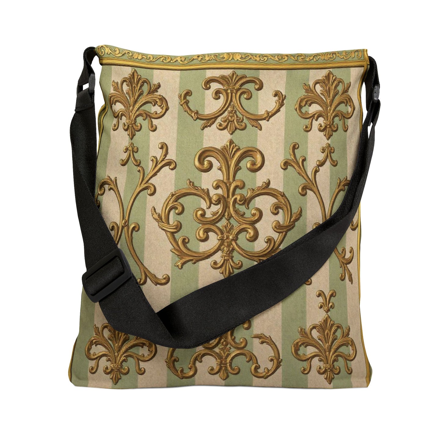 Elegant Adjustable Tote Bag, Stylish Crossbody Bag, Chic Everyday Tote, Versatile Travel Companion - Mint Green & Beige Striped Gold Baroque