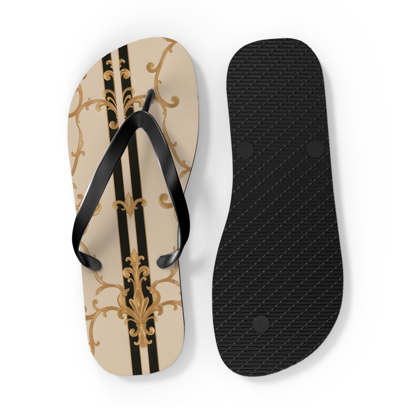 Chic Floral Flip Flops | Stylish Summer Sandals for Beach, Pool, Vacation, Travel, Fun In The Sun - Black & Beige Striped Damask