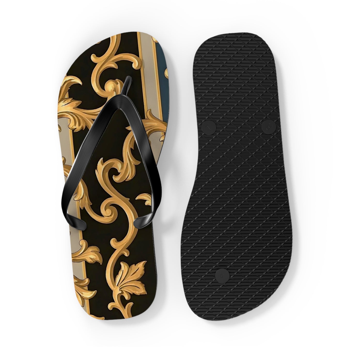 Stylish Flip Flops with Elegant Gold Design, Beachwear, Summer Sandals, Vacation Footwear, Poolside Essentials - Blue & Black Striped Rococo