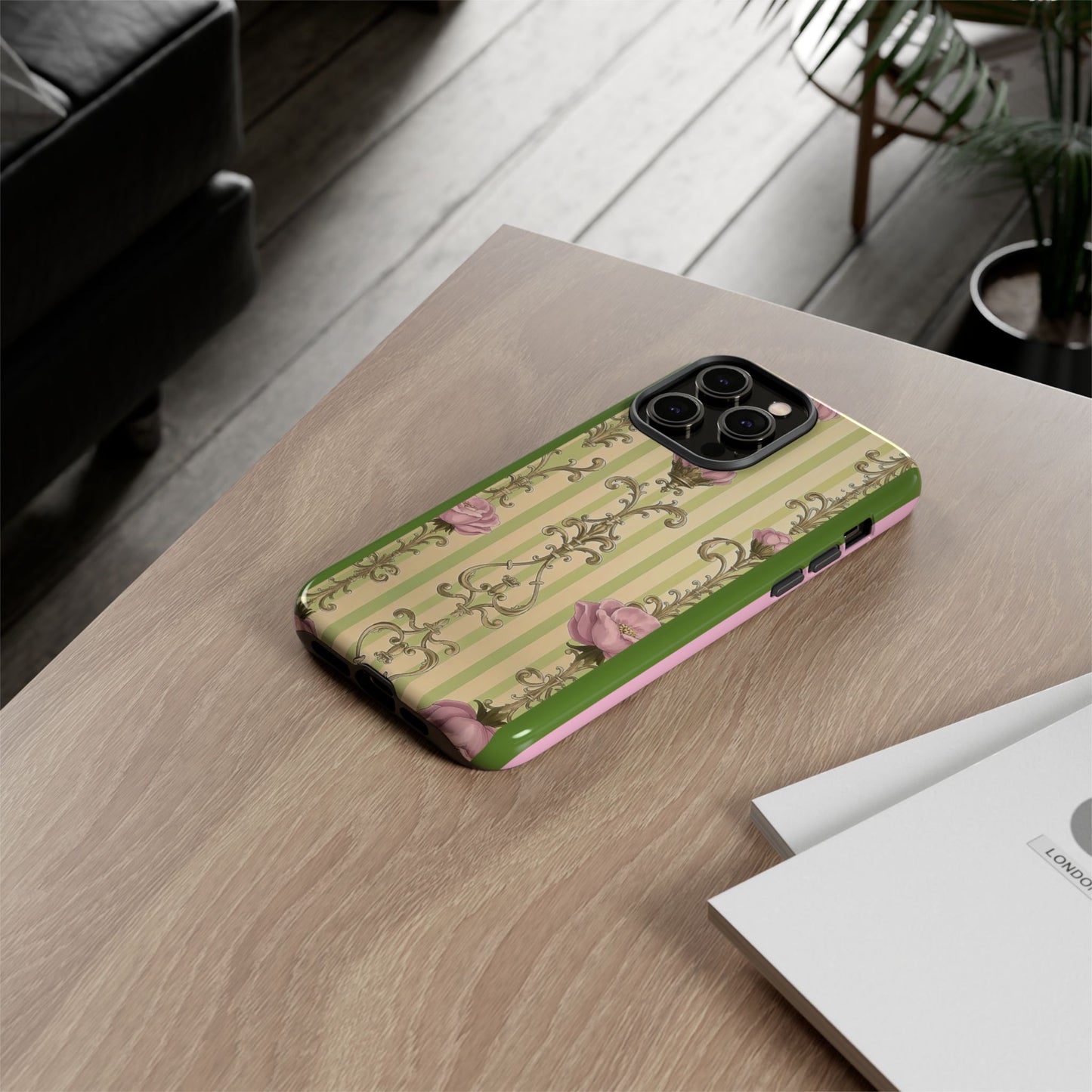 Elegant Floral Motif Phone Case - Tough Cases with Vintage Design - Lime Green & Pink Striped Damask